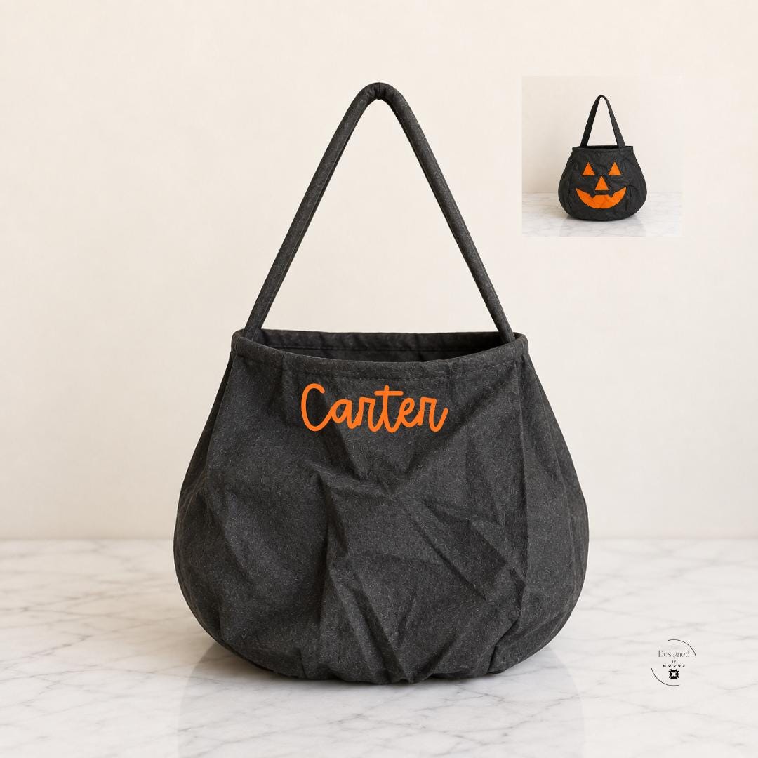 Reusable pumpkin trick or treat bag measuring 9.5 inches wide and 7.5 inches tall with personalized child name