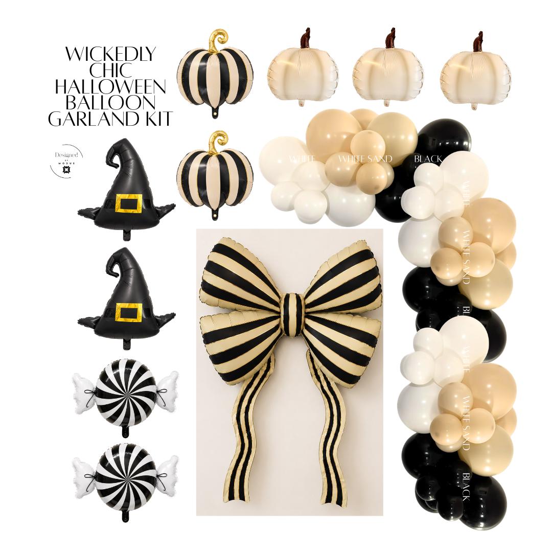Neutral Halloween Balloon Garland Kit Black Ivory White Sand Balloons Pumpkin Witch Hat Striped Bow Candy Mylar Gothic Party Backdrop
