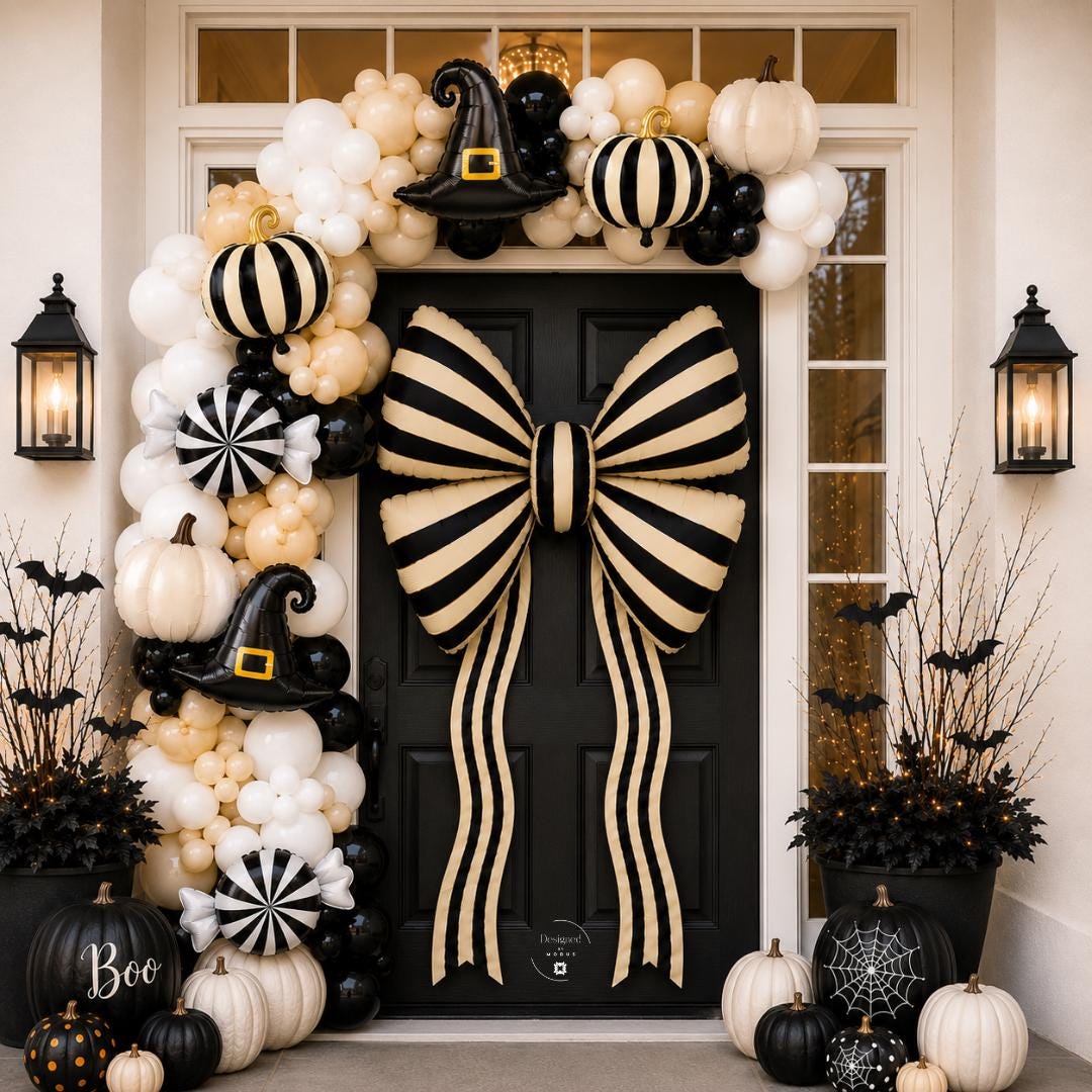 Wickedly Chic Halloween Balloon Garland Kit Black White Sand Balloon Arch Striped Pumpkin Witch Hat Candy Bow Mylar Party Decoration