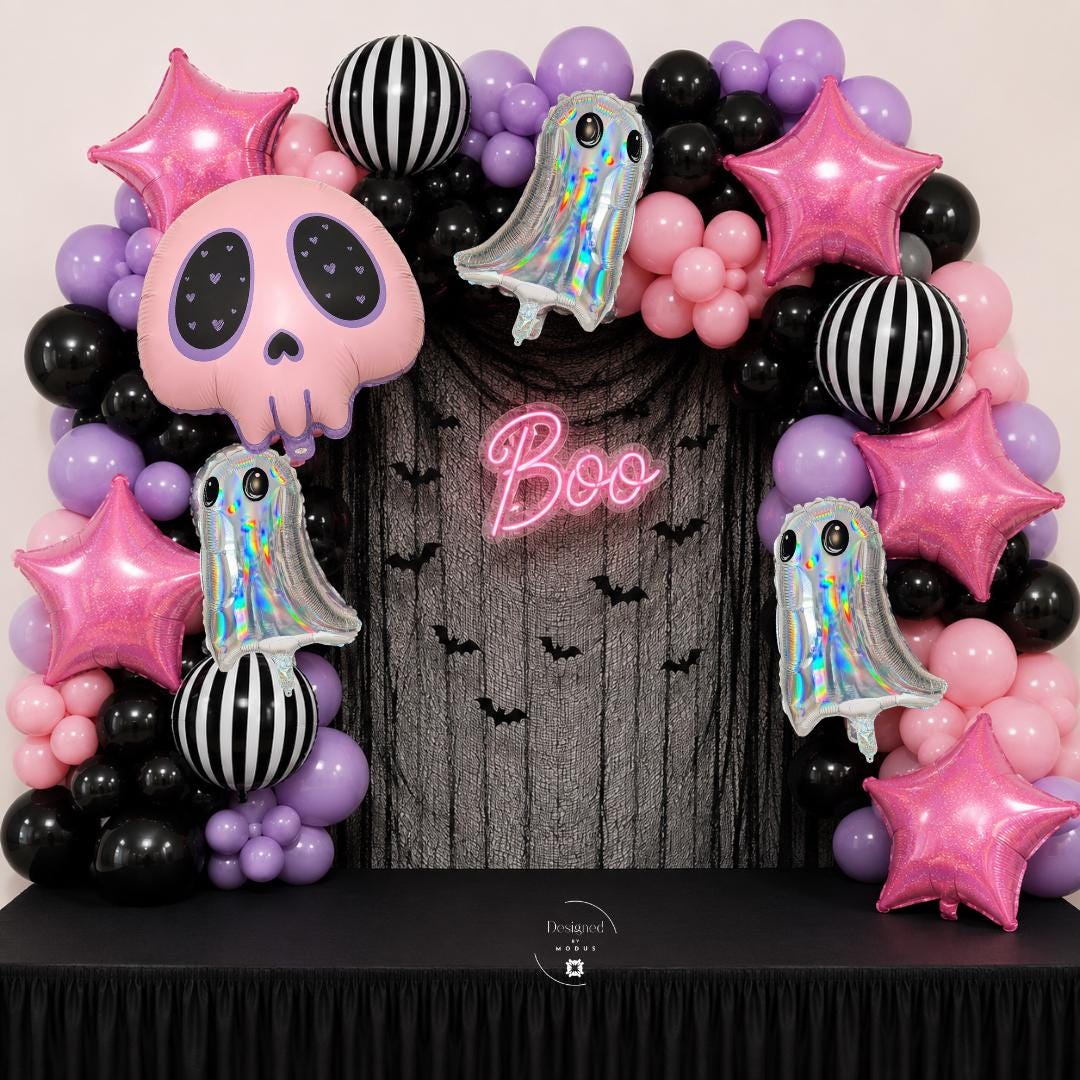Pink Halloween Balloon Garland Kit Spooky Cute Party Decor Pink Skull Ghost Balloon Arch Girls Halloween Birthday Decorations