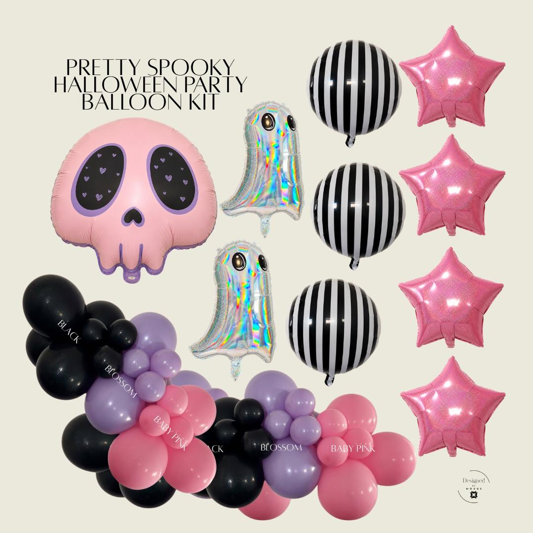 Pink Halloween Balloon Garland Kit Spooky Cute Party Decoration Black Lavender Baby Pink Balloons Skull Ghost Striped Mylar Stars Birthday Backdrop