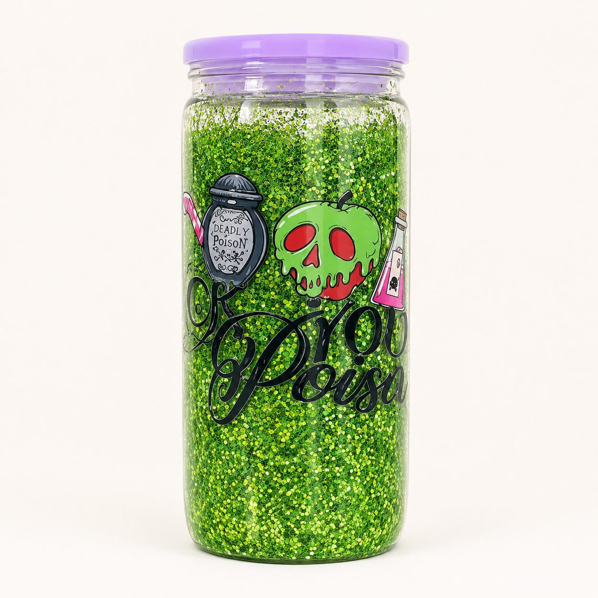 Poison Apple Snow Globe Tumbler Cup with Lid Plastic Green Glitter Halloween Iced Coffee Cup Collectible Drinkware Gift