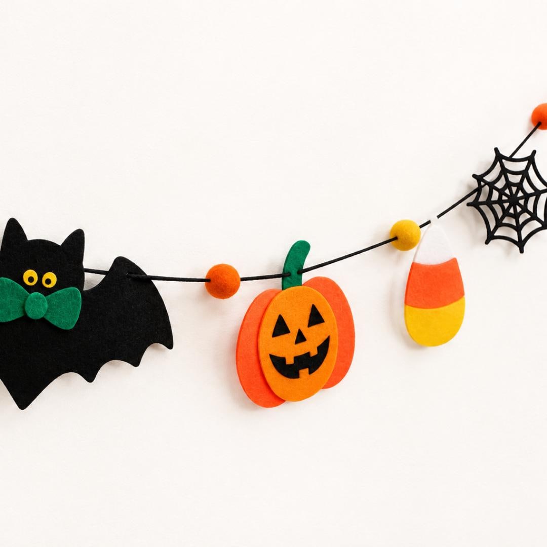 Halloween Party Garland Felt Decorations with Smiling Ghost Bow Tie Bat Jack O Lantern Candy Corn Spider Web and Colorful Felt Balls