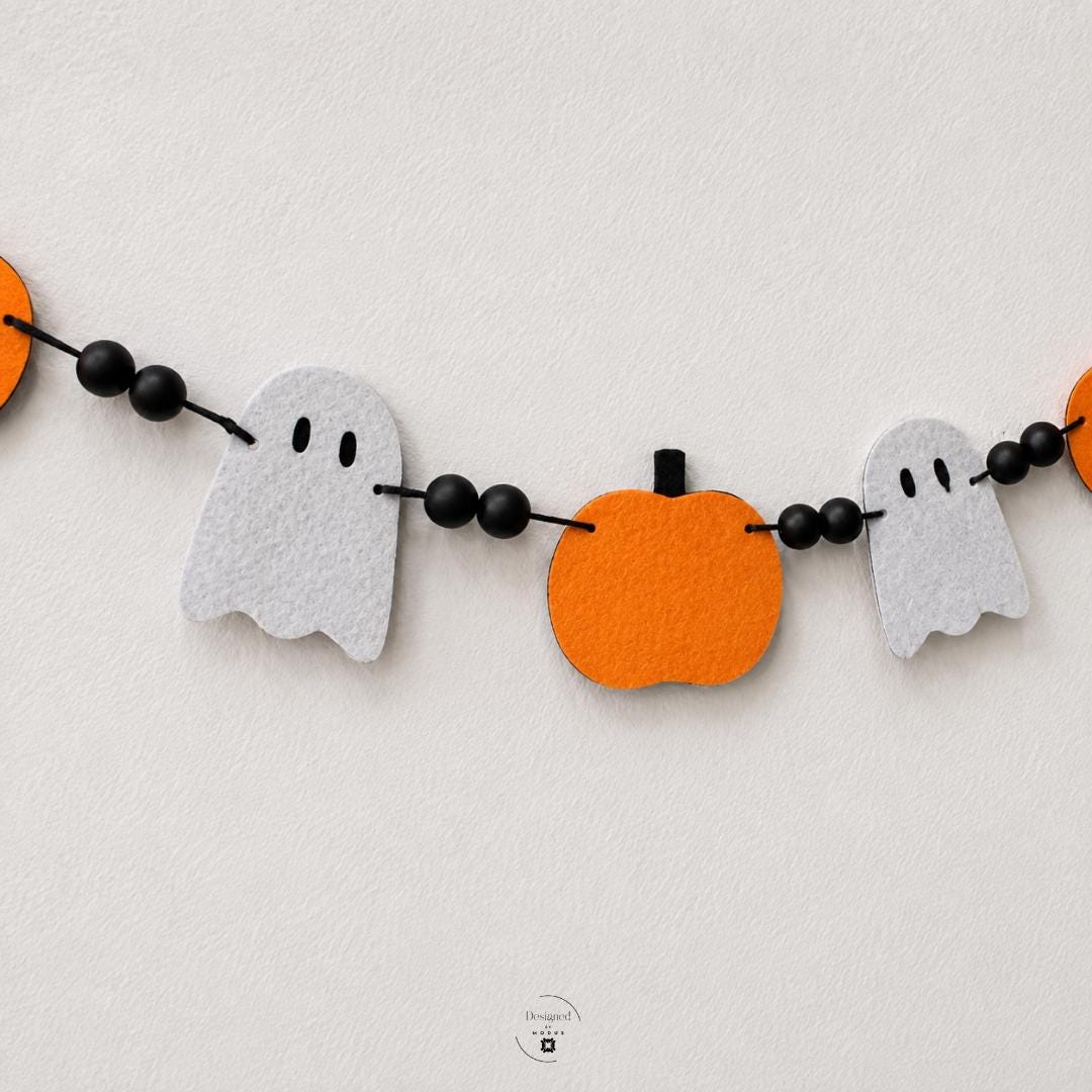 Halloween Garland with Felt Pumpkins Ghosts and Witch Hats Black Felt Ball Accents Kids Party Classroom Mantel Spooky Decoration
