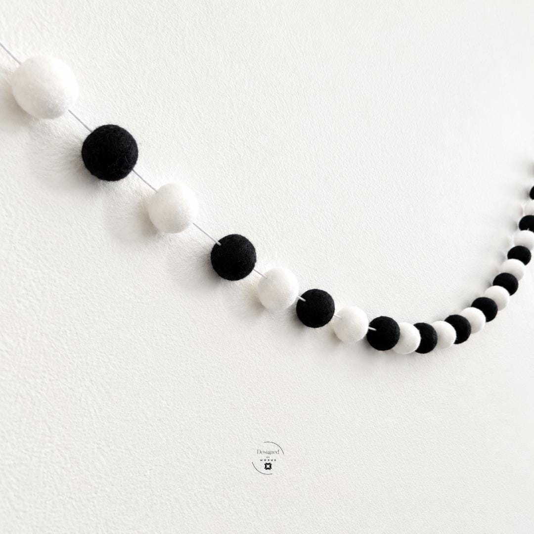 Black White Pom Pom Garland Felt Ball Banner Halloween Party Decor Modern Monochrome Mantel Classroom Shelf and Wall Decoration