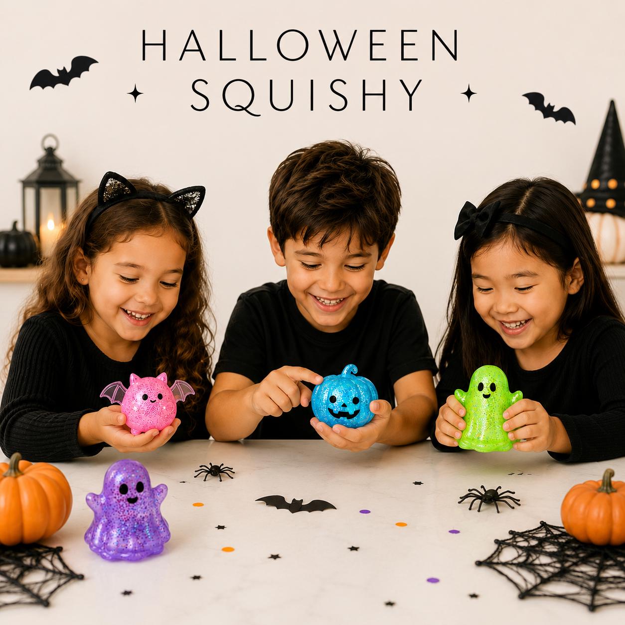 Glitter Filled Squishy Halloween Character Set Pumpkin Ghost Bat Design Translucent Rubber Toy Kid Friendly Party Favor Sensory Fidget Item Non Toxic Certified Safe Colorful Blue Green Pink Options Perfect Classroom Gift Goodie Bag Filler