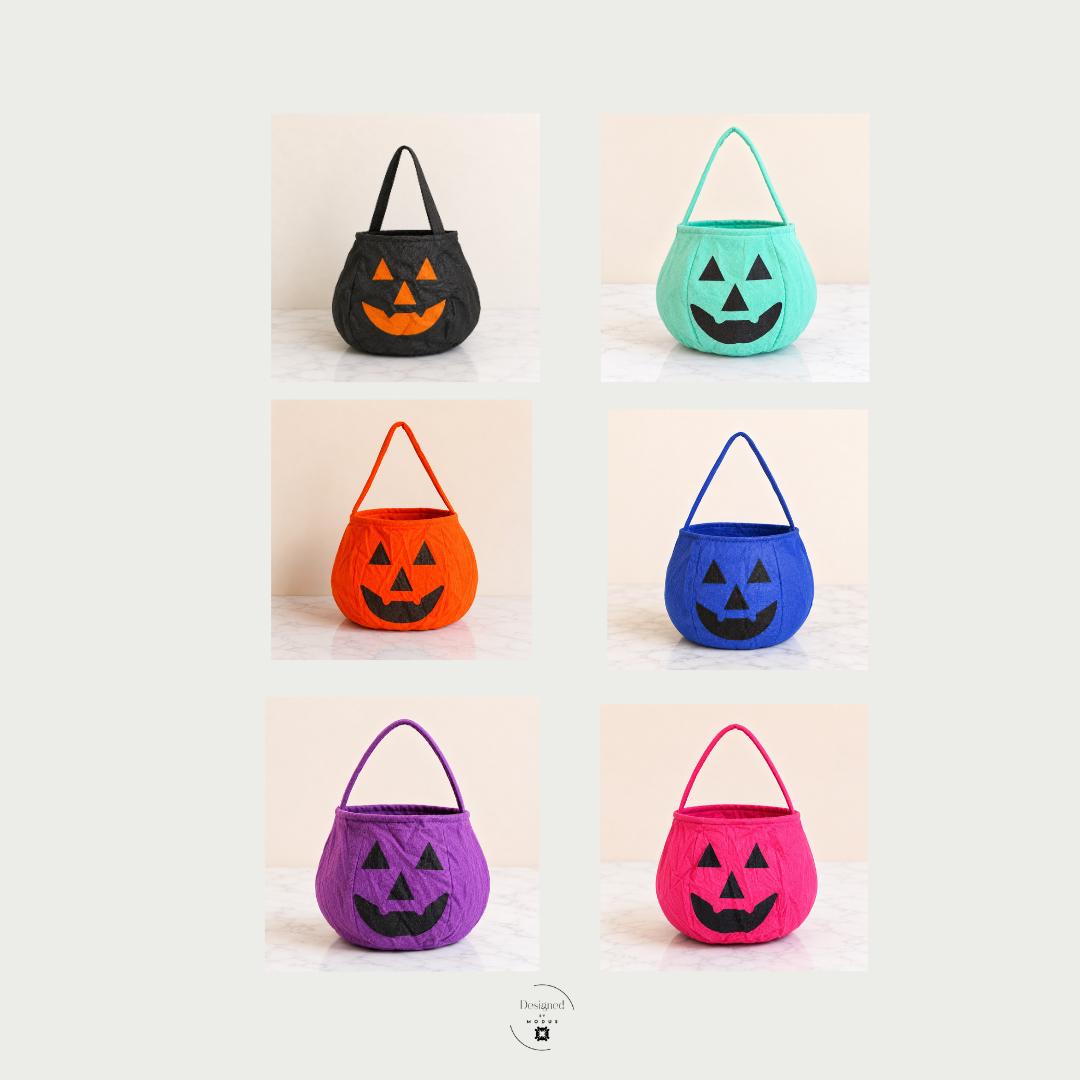 Kids personalized pumpkin candy bags available in black aqua orange blue purple and pink for trick or treating