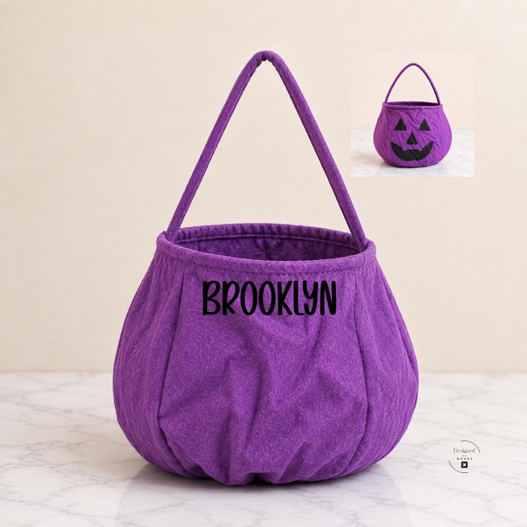Personalized kids Halloween candy basket with jack o lantern face on front and custom name added to back of bag