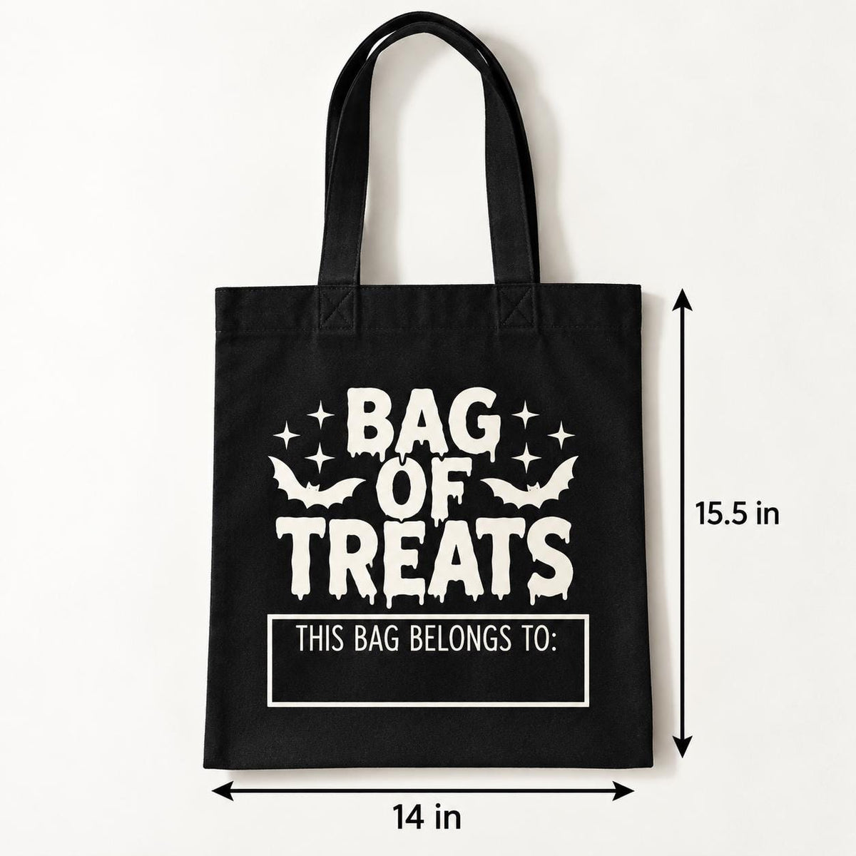 Personalized Halloween tote bag for boys and girls with custom name added to the bag. Designed for collecting candy while trick or treating, this cotton Halloween bag is a practical reusable option for spooky season. Great for Halloween night, costume parties, school events, trunk or treat celebrations and fall festivals. Custom trick or treat bag also makes a fun Halloween gift for kids.