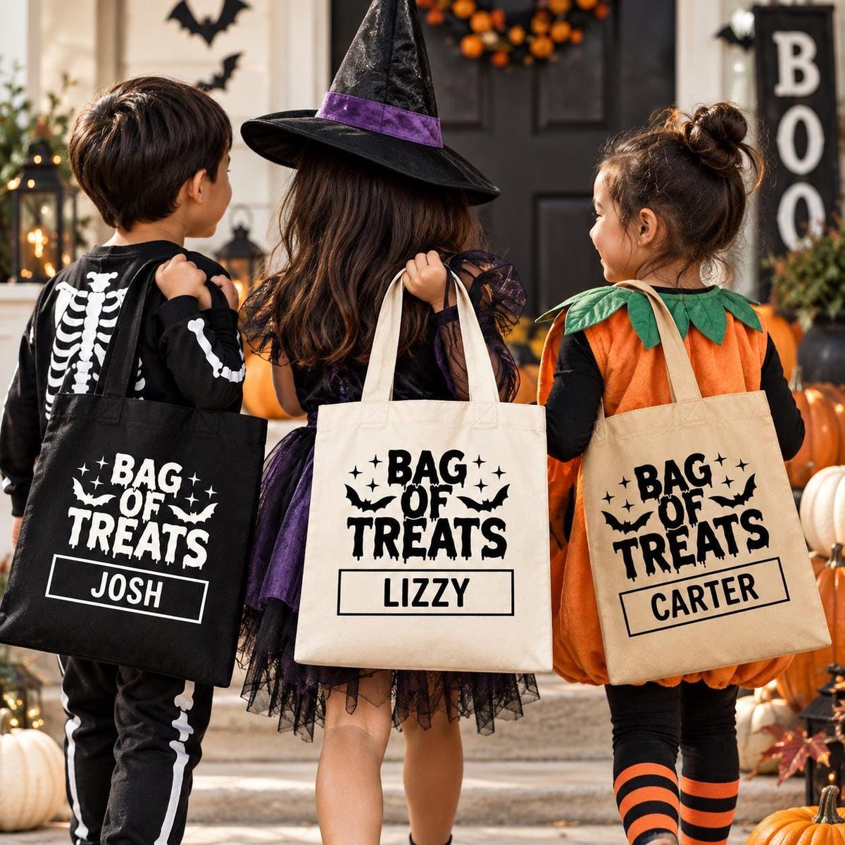 Personalized Halloween trick or treat bag for kids featuring a custom name and festive Halloween design. This reusable cotton candy tote is perfect for collecting treats on Halloween night, attending school parties, fall festivals and neighborhood trick or treating. A practical personalized Halloween gift for boys and girls that can be customized with your child’s name.