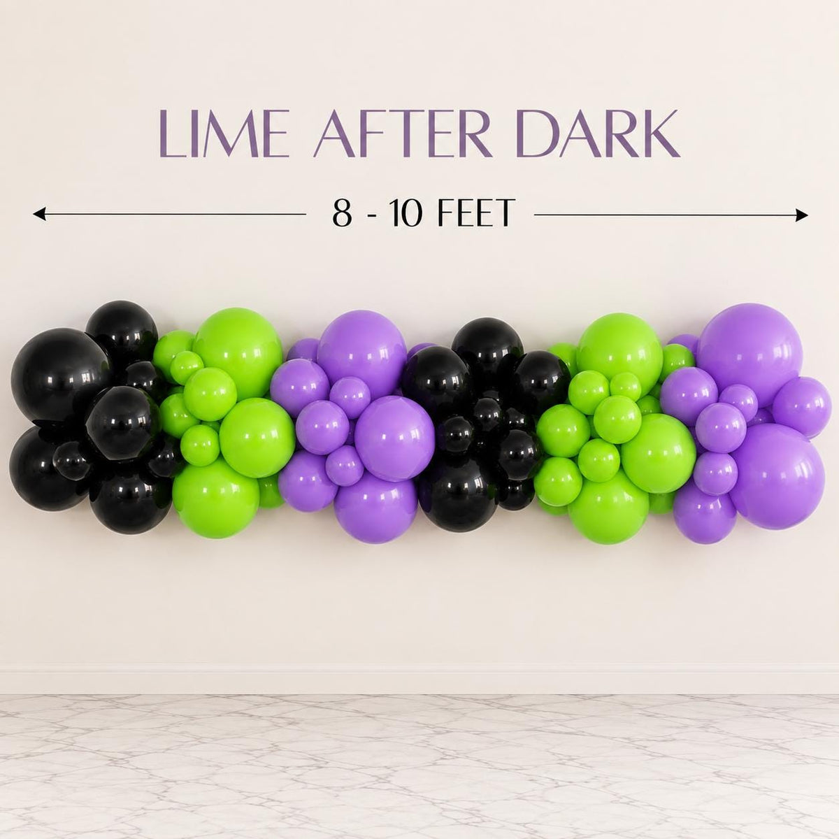 Halloween classroom door decorated with a black, lime green and lavender purple balloon garland for a colorful spooky season display. Lime After Dark is a DIY Halloween balloon kit for teachers, parents and party hosts decorating school events, kids Halloween parties, classroom celebrations, trunk or treat displays and Halloween photo backdrops.