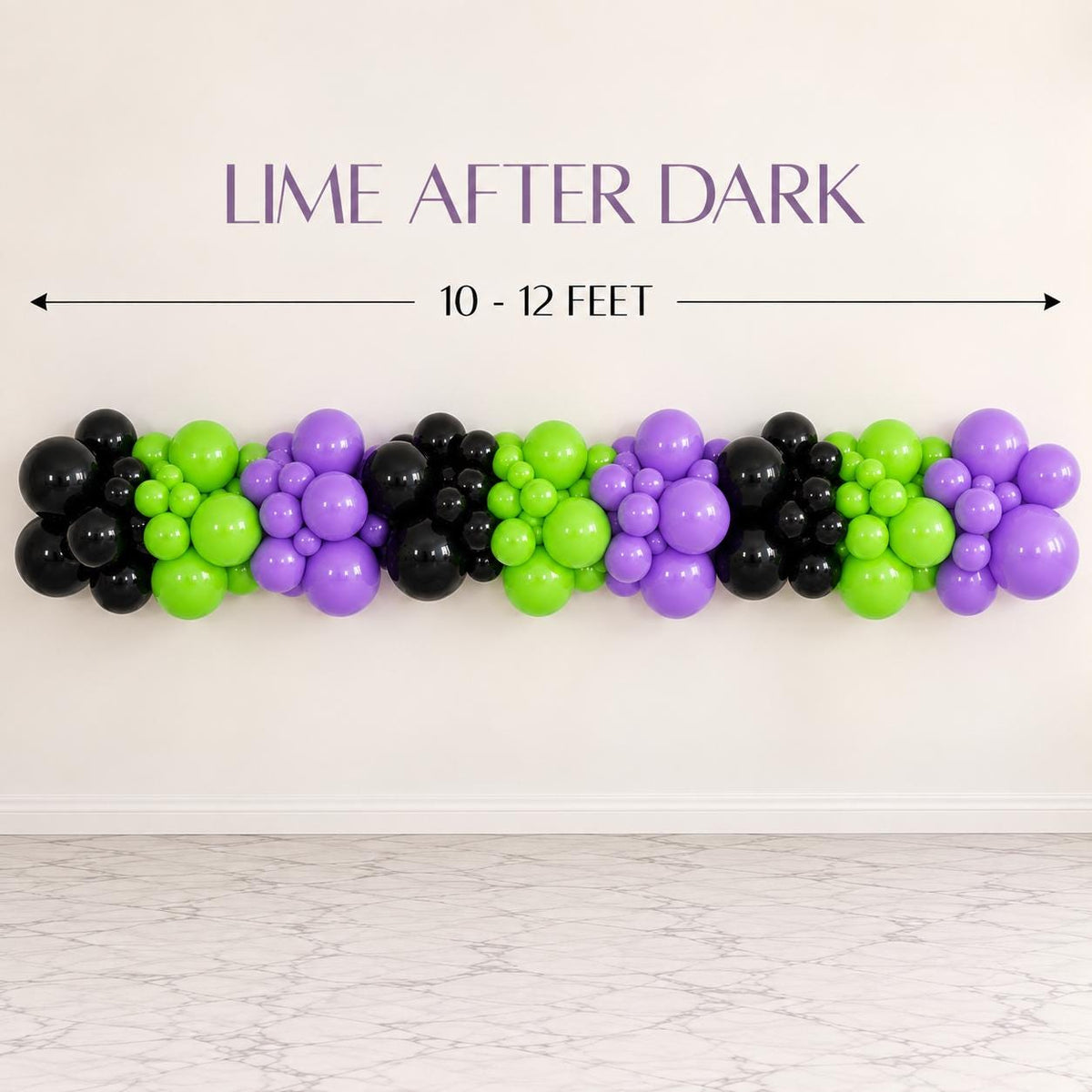 Black green and purple Halloween balloon arch displayed around a decorated classroom door. Lime After Dark combines black, electric lime green and lavender purple balloons for modern spooky party decor. DIY Halloween garland for school parties, classroom decorating, Halloween birthdays, kids events, party entrances, photo booths and trick or treat celebrations.