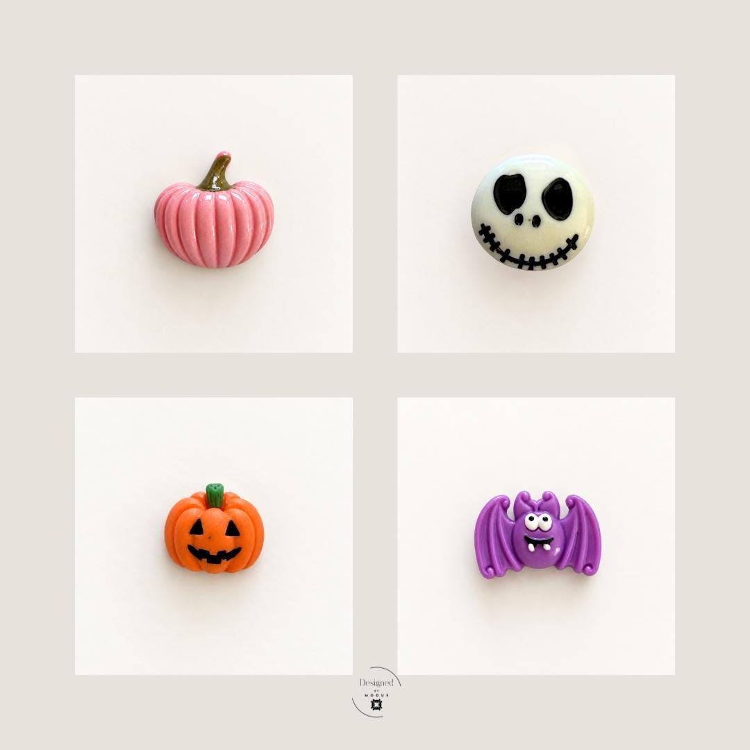 Halloween mystery charm assortment used for a fun seasonal DIY craft activity with colorful spooky flatback charms for decorating slime and other projects. Assorted ghosts, pumpkins, skulls, bats, witches and Halloween characters make cute embellishments for slime kits, decoden crafts, scrapbooking, hair bows, party activities, handmade gifts and Halloween craft projects. Designs may vary.