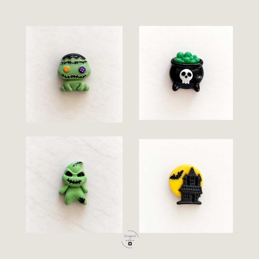 Halloween mystery charm assortment used for a fun seasonal DIY craft activity with colorful spooky flatback charms for decorating slime and other projects. Assorted ghosts, pumpkins, skulls, bats, witches and Halloween characters make cute embellishments for slime kits, decoden crafts, scrapbooking, hair bows, party activities, handmade gifts and Halloween craft projects. Designs may vary.