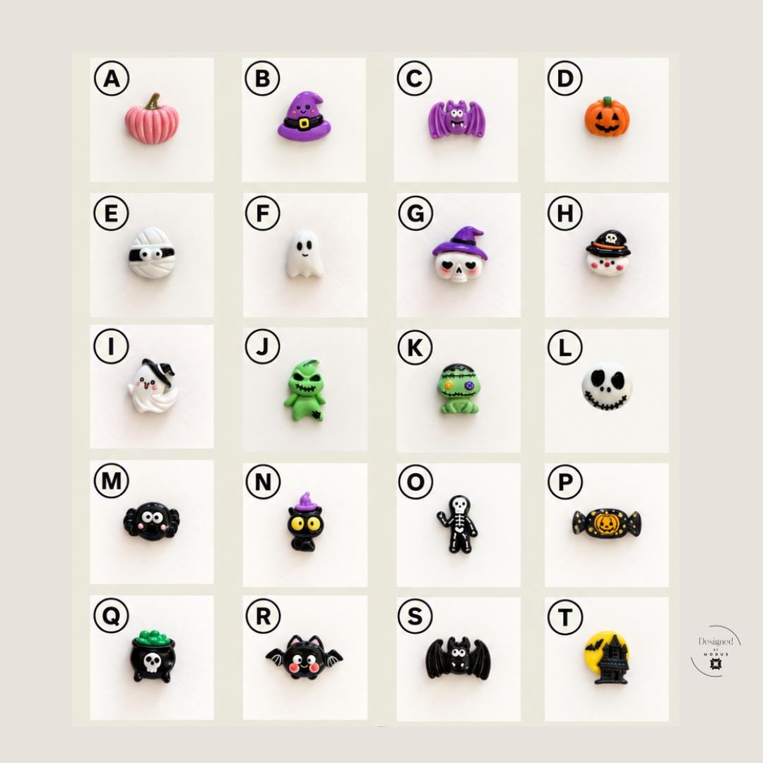 Halloween slime charms and flatback craft embellishments featuring assorted pumpkins, ghosts, skulls, witch hats, bats, spiders, mummies and spooky characters. Colorful Halloween mystery charm mix for slime decorating, DIY craft kits, decoden projects, hair accessories, scrapbooking, party favors and Halloween crafting. Each package contains a randomly selected assortment of available designs