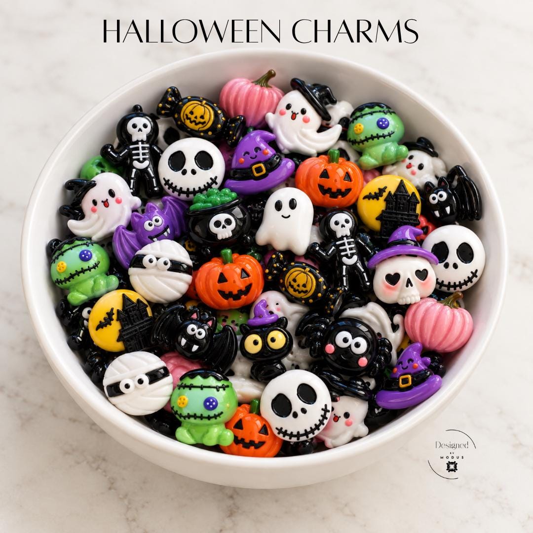 Halloween charm mystery mix featuring an assortment of colorful spooky flatback craft charms including ghosts, pumpkins, skulls, bats, spiders, witches, mummies, Frankenstein characters, candy and other Halloween designs. Cute Halloween craft supplies for slime making, decoden projects, scrapbooking, hair bows, party crafts, DIY projects and seasonal embellishments.