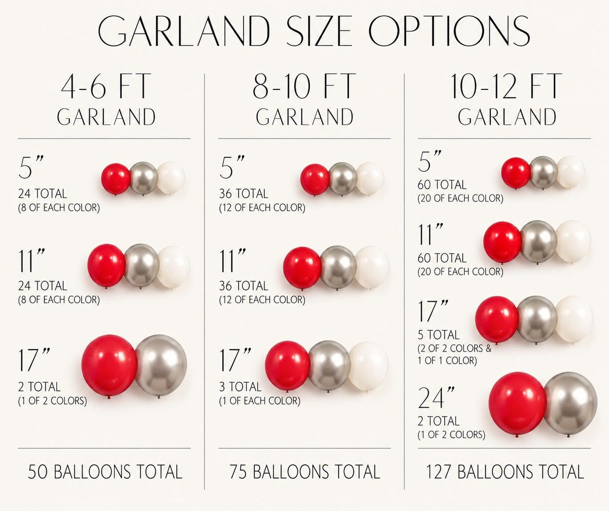 Christmas party balloon garland kit featuring bright red, metallic silver and white balloons for a festive Peppermint Glam holiday theme. DIY balloon arch for Christmas celebrations, holiday birthdays, classroom parties, school events, winter gatherings, office Christmas parties, dessert tables and holiday photo backdrops.
