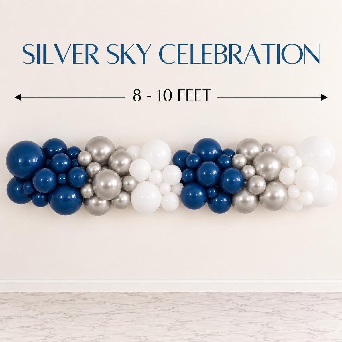DIY Christmas balloon arch kit featuring midnight blue, metallic silver and white balloons for an elegant winter holiday celebration. Silver Sky Celebration is perfect for Christmas parties, Winter Wonderland events, holiday birthdays, December celebrations, office parties, school events, dessert tables, entryways and festive winter photos.