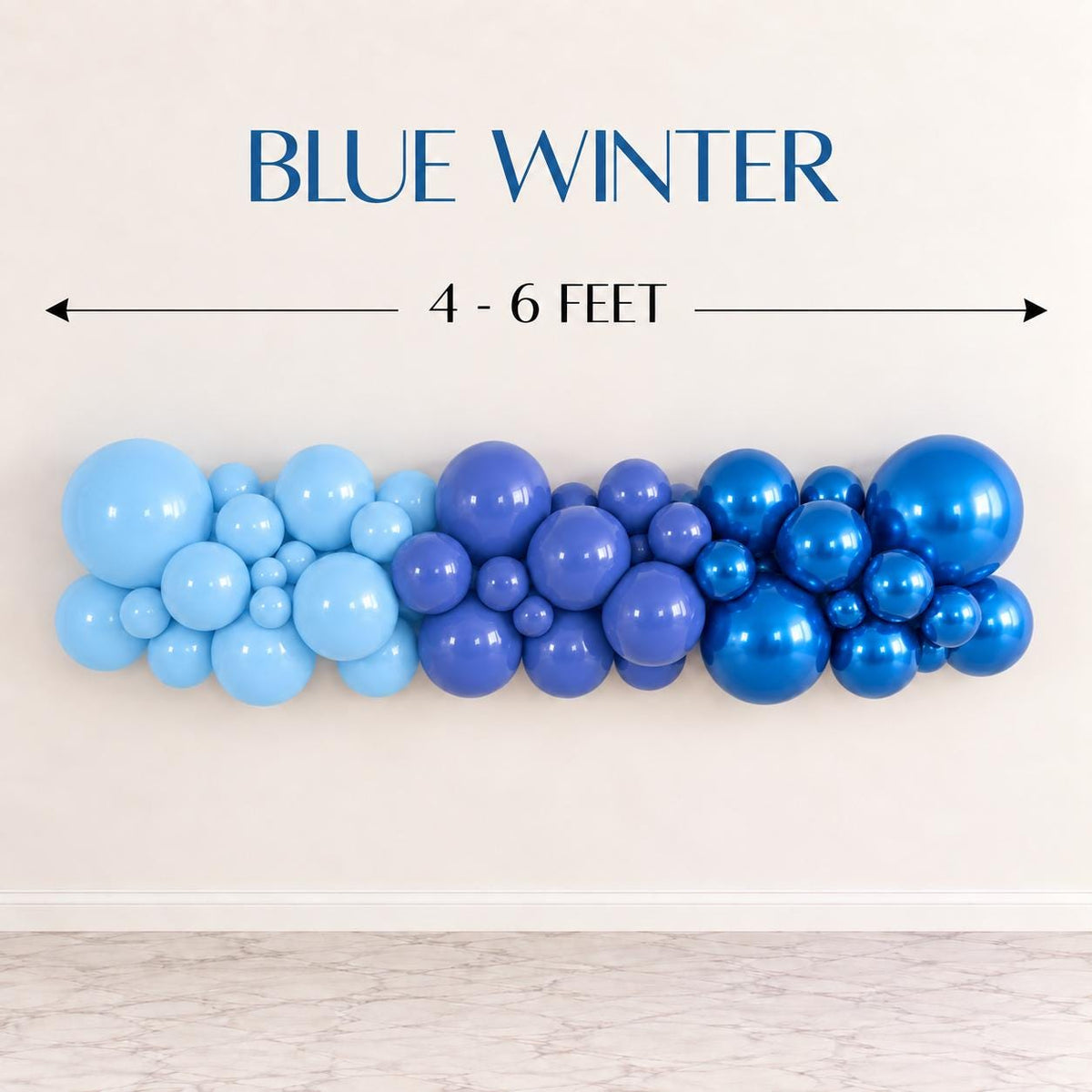 Blue Christmas balloon garland featuring baby blue, periwinkle and shiny metallic blue balloons for a layered monochromatic winter color palette. DIY holiday balloon arch for Christmas parties, Winter Wonderland celebrations, December birthdays, winter events, school parties, holiday gatherings and seasonal photo backdrops.