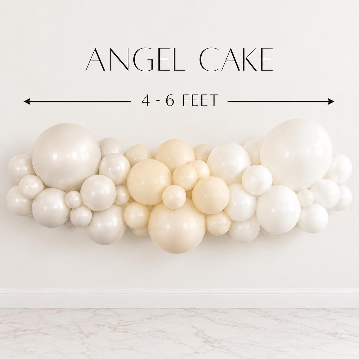 DIY white Christmas balloon arch kit featuring sugar white, ivory and pearl balloons in multiple sizes and finishes. Angel Cake creates soft neutral party decor for Christmas celebrations, winter parties, holiday events, birthdays, bridal showers, baby showers, dessert tables, entryways and elegant photo backdrops.