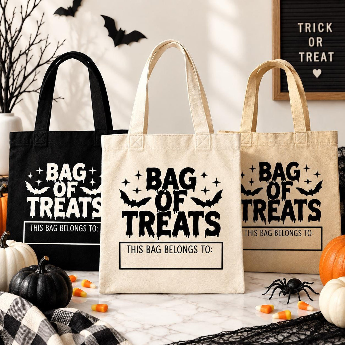 Custom Halloween candy bag with personalized child’s name for trick or treating. Cotton tote bag available in black, natural or white and designed for carrying Halloween candy and treats. Cute reusable trick or treat tote for kids, Halloween parties, school celebrations, fall festivals and spooky season activities. Personalized Halloween bag makes a fun custom gift for children.