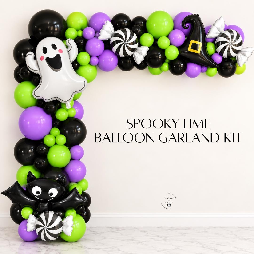 Halloween balloon garland kit featuring black, lime green and lavender purple balloons with a cute ghost, black bat, witch hat and black and white candy mylar balloons. Spooky cute DIY balloon arch for kids Halloween parties, Halloween birthdays, classroom celebrations, school events, trick or treat parties, trunk or treat and Halloween photo backdrops.