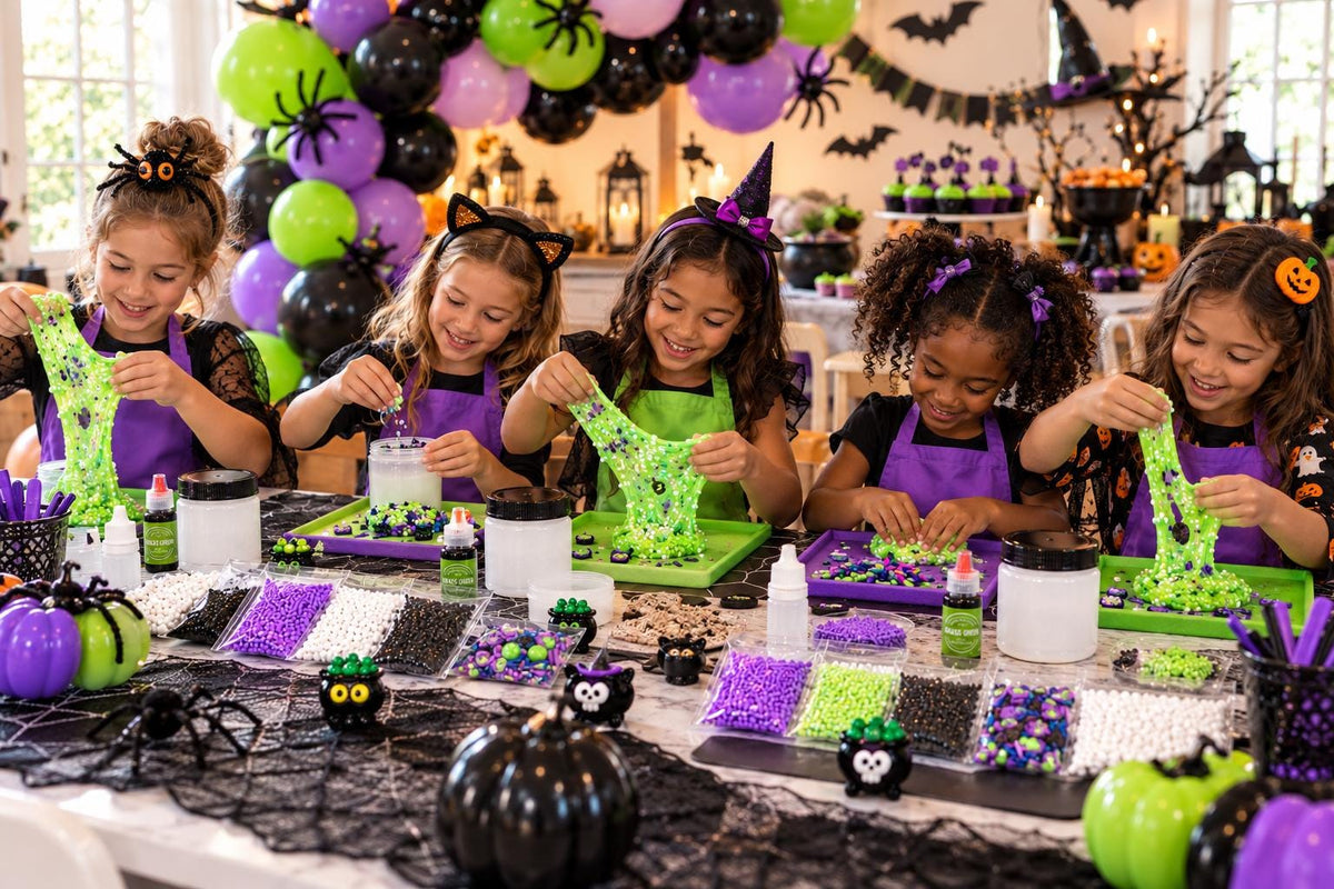 Halloween party favor slime kit for kids featuring premade white slime, green slime dye, spooky sprinkles, witch charm, black cat charm, apron and activator. DIY slime making activity for Halloween birthday parties, classroom parties, playdates and sensory play. Customizable kids slime kit is a fun Halloween craft, party activity, classroom activity, birthday party favor, spooky season gift and creative hands on activity for children.