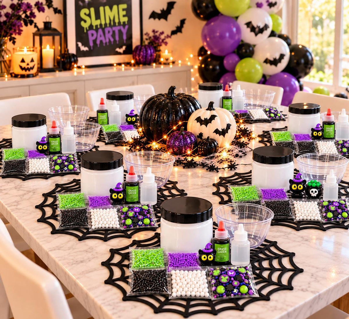 Spooky Halloween slime making kit for kids including premade white slime, green slime dye, Halloween sprinkle decorations, witch and black cat charms, apron and slime activator. Customizable DIY kids slime activity is great for Halloween parties, classroom celebrations, spooky birthday parties, playdates, sensory play and party favors. Fun Halloween craft kit and hands on activity for children who enjoy slime making, decorating and creative sensory play.