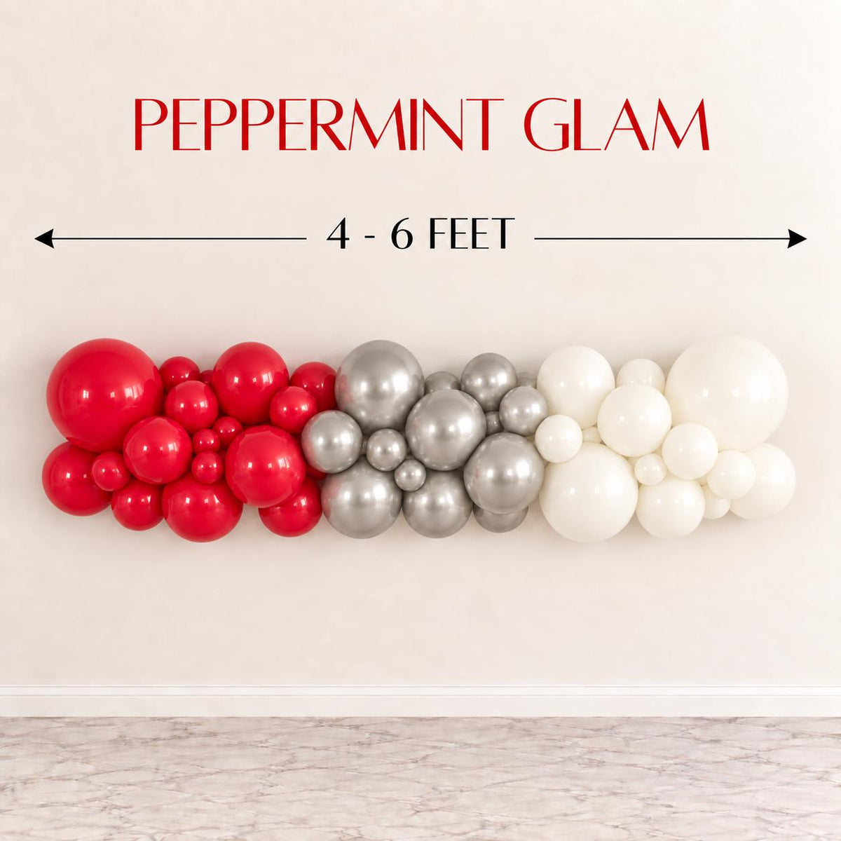 Red silver and white Christmas balloon garland featuring a classic peppermint inspired holiday color palette with metallic silver accents. DIY balloon arch for Christmas parties, holiday birthdays, winter celebrations, classroom Christmas events, family gatherings, dessert tables, party entrances and seasonal photo backdrops.