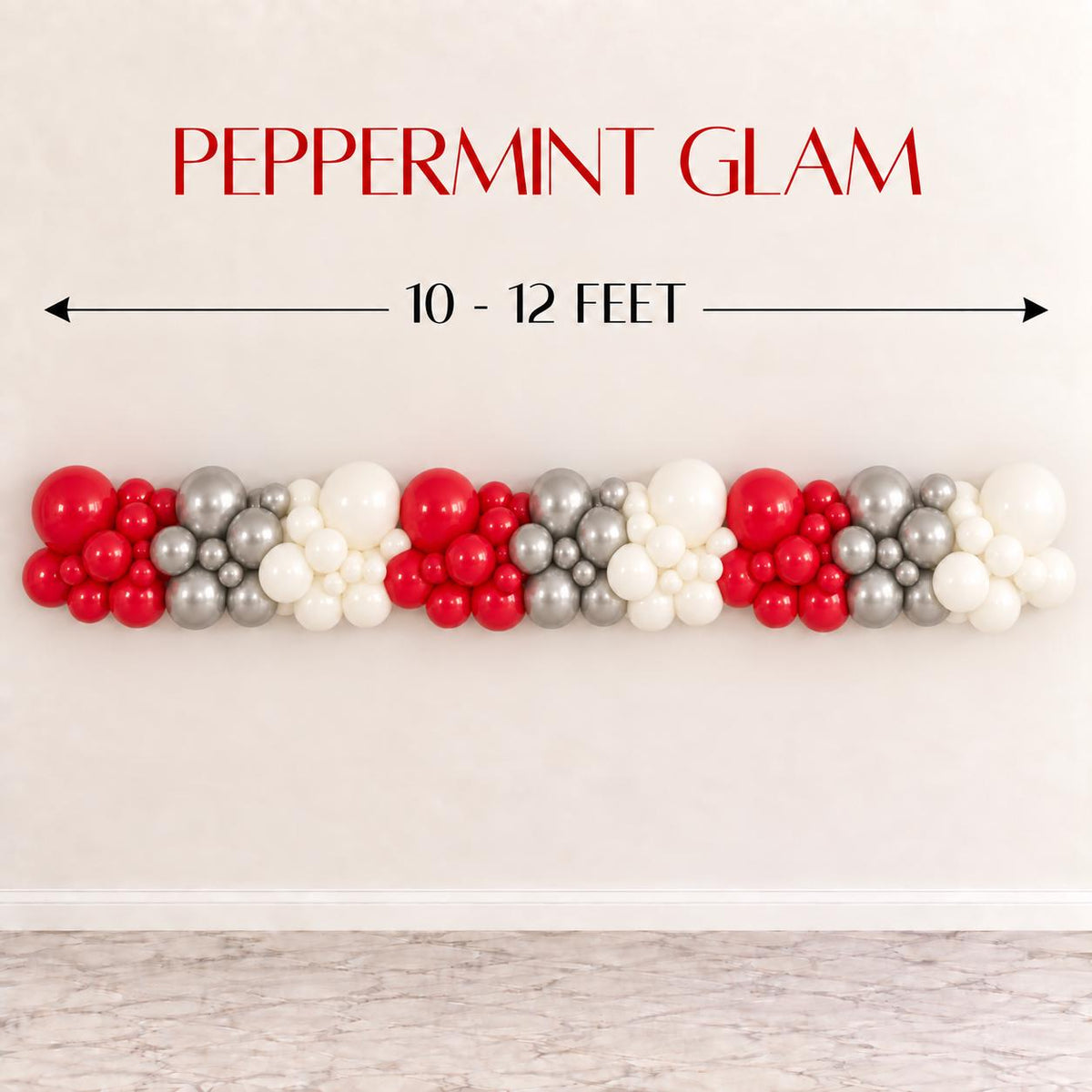 DIY Christmas balloon arch kit featuring festive red, metallic silver and white balloons for an elegant peppermint holiday party theme. Christmas party decoration for kids holiday celebrations, December birthdays, school parties, office Christmas events, winter gatherings, dessert tables, fireplaces and Christmas photo areas.
