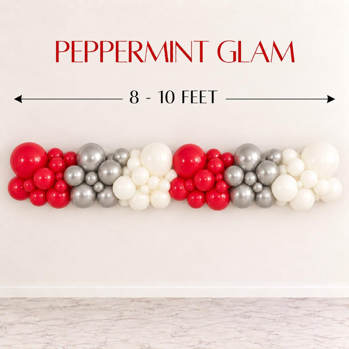 Peppermint Christmas balloon garland in red, silver and white with multiple balloon sizes for a full organic party backdrop. Festive DIY Christmas decor for traditional holiday parties, Christmas birthdays, classroom celebrations, school events, family parties, office gatherings, holiday dessert tables and winter photo backdrops.