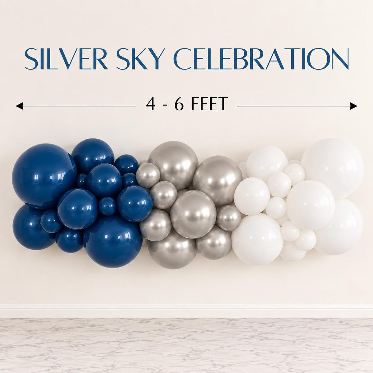 Midnight blue silver and white Christmas balloon garland featuring an elegant winter inspired color palette. This DIY balloon arch creates festive holiday party decor for Winter Wonderland themes, Christmas celebrations, winter birthdays, corporate holiday parties, school events, New Years Eve parties and seasonal photo backdrops.