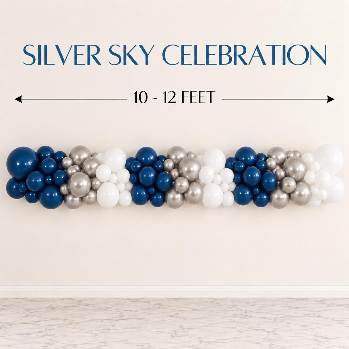 Blue silver and white balloon garland kit with multiple balloon sizes for a full organic party backdrop. Elegant DIY winter balloon arch for Christmas parties, Winter Wonderland celebrations, winter birthdays, holiday events, New Years Eve parties, office gatherings, school celebrations, dessert tables and seasonal party entrances.