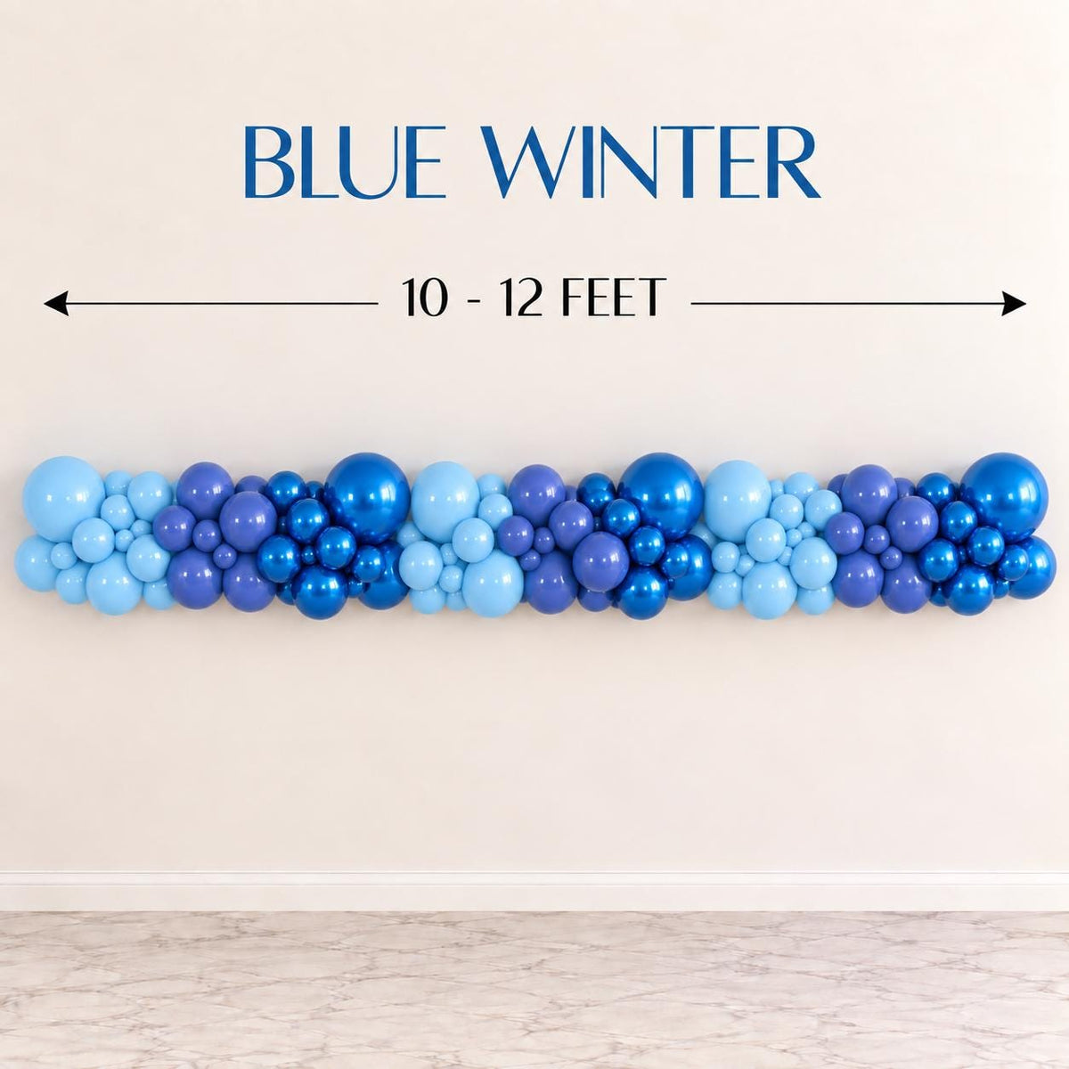 Baby blue periwinkle and metallic blue balloon garland kit with multiple balloon sizes for a full organic party backdrop. Elegant blue winter balloon arch for Christmas parties, holiday celebrations, winter birthdays, school events, Winter Wonderland themes, dessert tables, party entrances and seasonal photos.