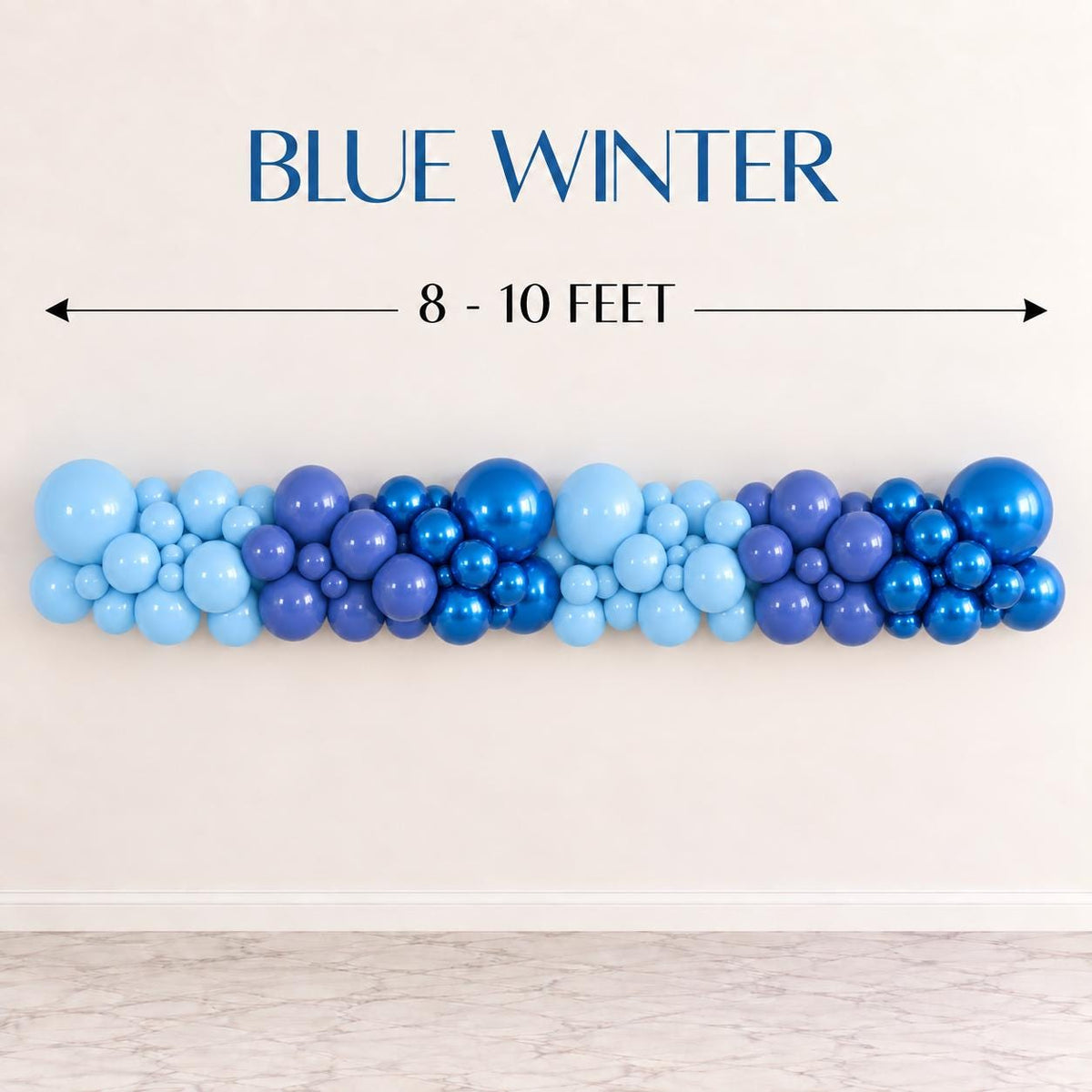 DIY Christmas balloon arch kit featuring icy baby blue, periwinkle and metallic blue balloons in multiple sizes. Blue Mirage creates modern winter party decor for Blue Christmas themes, Winter Wonderland celebrations, holiday birthdays, Christmas parties, winter events, dessert tables, entryways and festive photo areas.