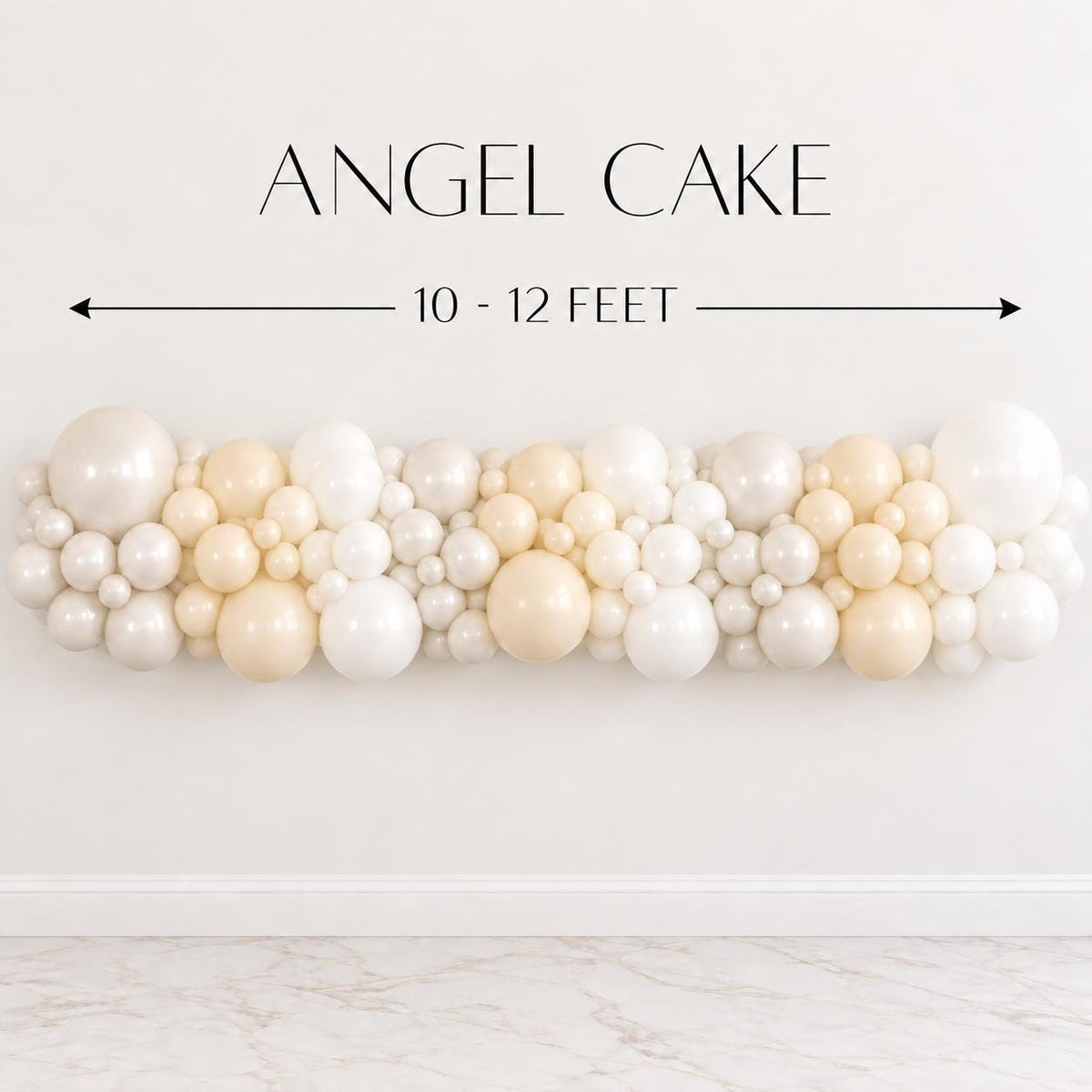 Angel Cake balloon garland featuring layers of sugar white, creamy ivory and pearl white balloons for elegant neutral party decor. DIY Christmas balloon kit for White Christmas celebrations, holiday parties, winter birthdays, Christmas brunches, baby showers, bridal showers, party entrances and sophisticated photo backdrops.
