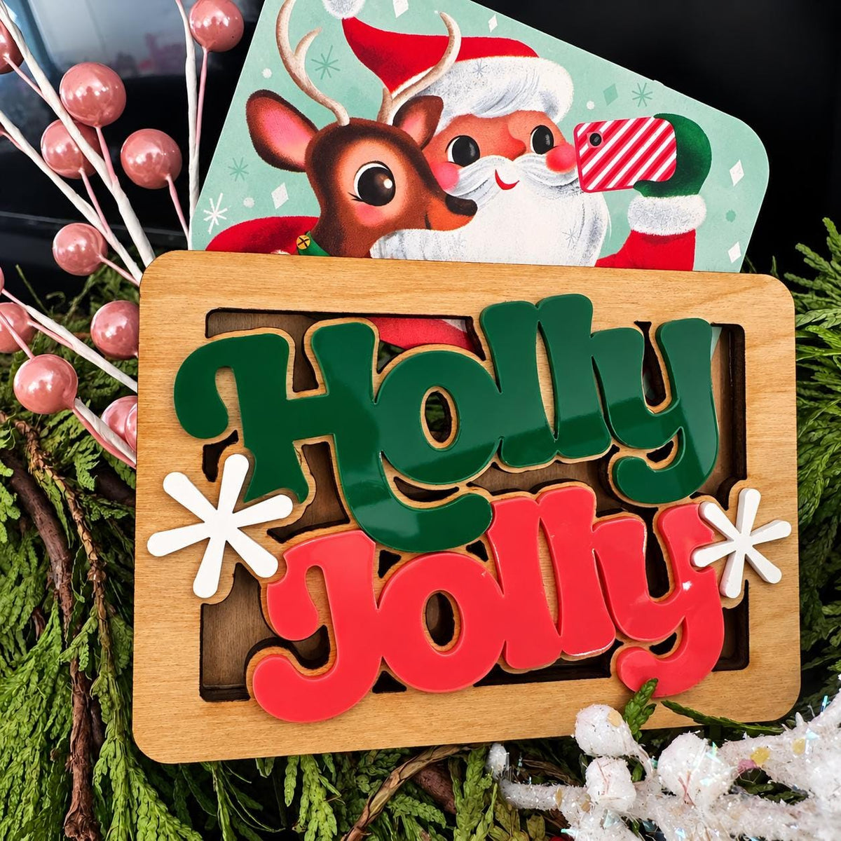 Holly Jolly wooden gift card holder with laser cut Christmas design for festive holiday gift card presentation. Christmas stocking stuffer for teachers, coworkers, employees, friends, neighbors and family. Decorative gift card packaging for Secret Santa exchanges, teacher Christmas gifts, holiday thank you gifts and Christmas money gifts. Gift card not included.