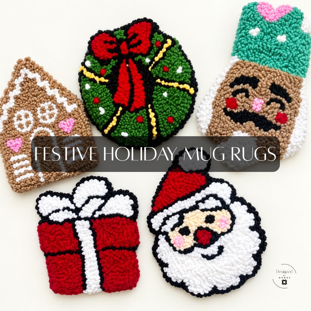 Festive Christmas mug rugs featuring textured holiday designs including Santa Claus, gingerbread house, Christmas wreath, wrapped present and holiday character. Cute Christmas coaster and mug rug gift for coffee lovers, teachers, coworkers, friends and family. Small holiday gift idea for stocking stuffers, Secret Santa, hostess gifts and Christmas coffee stations.