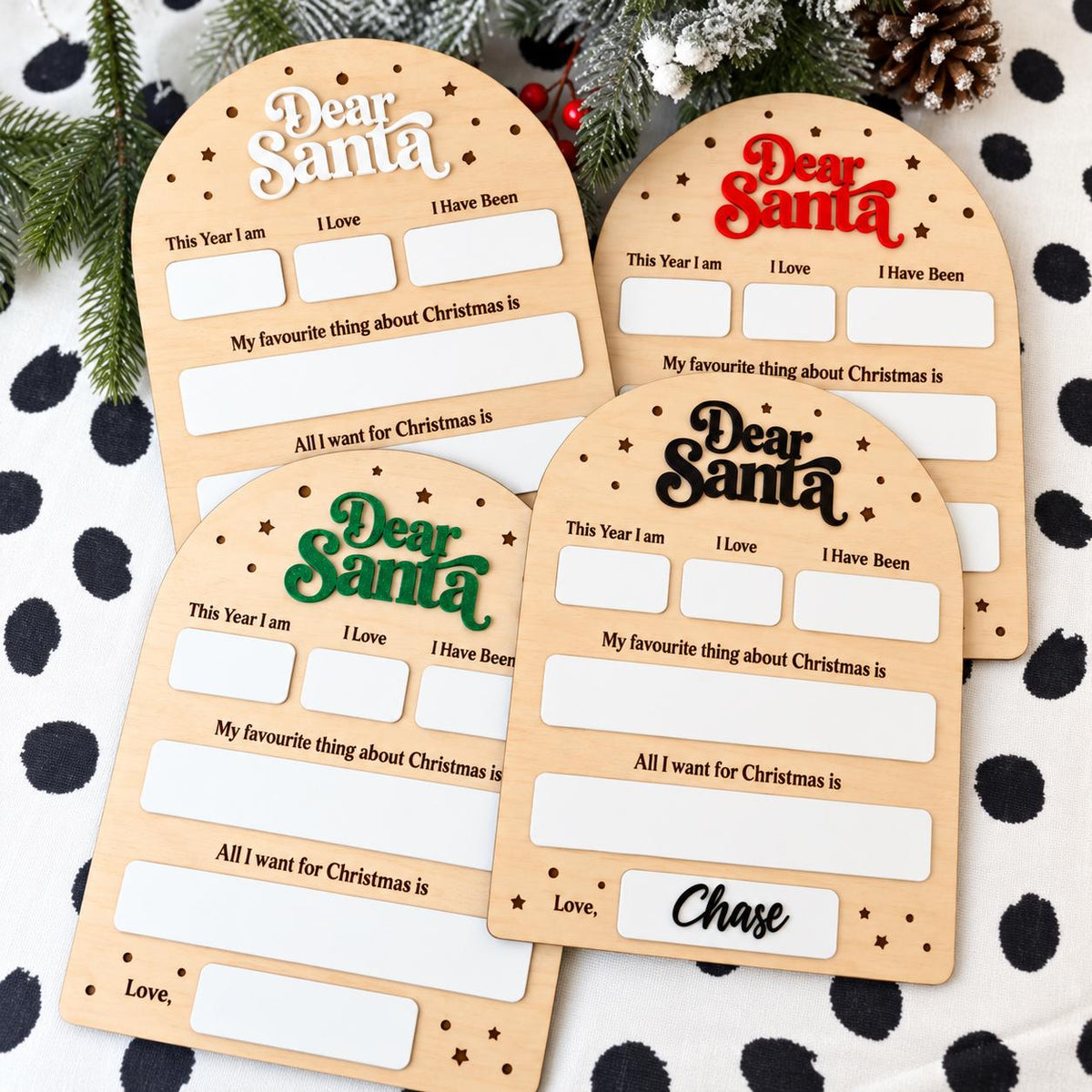 Dear Santa Christmas wish list boards featuring festive holiday lettering, Christmas themed graphics and dedicated spaces for kids to write their names, ages and Christmas wishes. Cute Santa letter writing activity for children, Christmas stocking stuffer, Christmas Eve box filler, holiday family tradition, kids Christmas activity and festive holiday keepsake. Multiple Christmas designs available for Santa wish lists and holiday gift ideas.