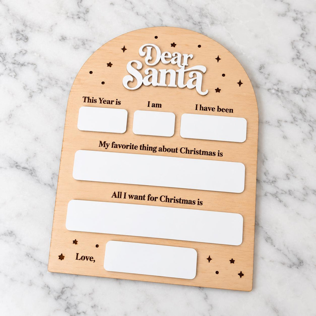 Christmas wish list board for kids featuring Dear Santa lettering, festive holiday decorations and organized writing spaces for Christmas wishes and gift ideas. Fun screen free Christmas activity for children, holiday stocking stuffer, Christmas Eve box gift, classroom Christmas craft, Santa letter writing tradition and family holiday activity. Festive Christmas list board for kids to share their favorite things and Christmas wishes.