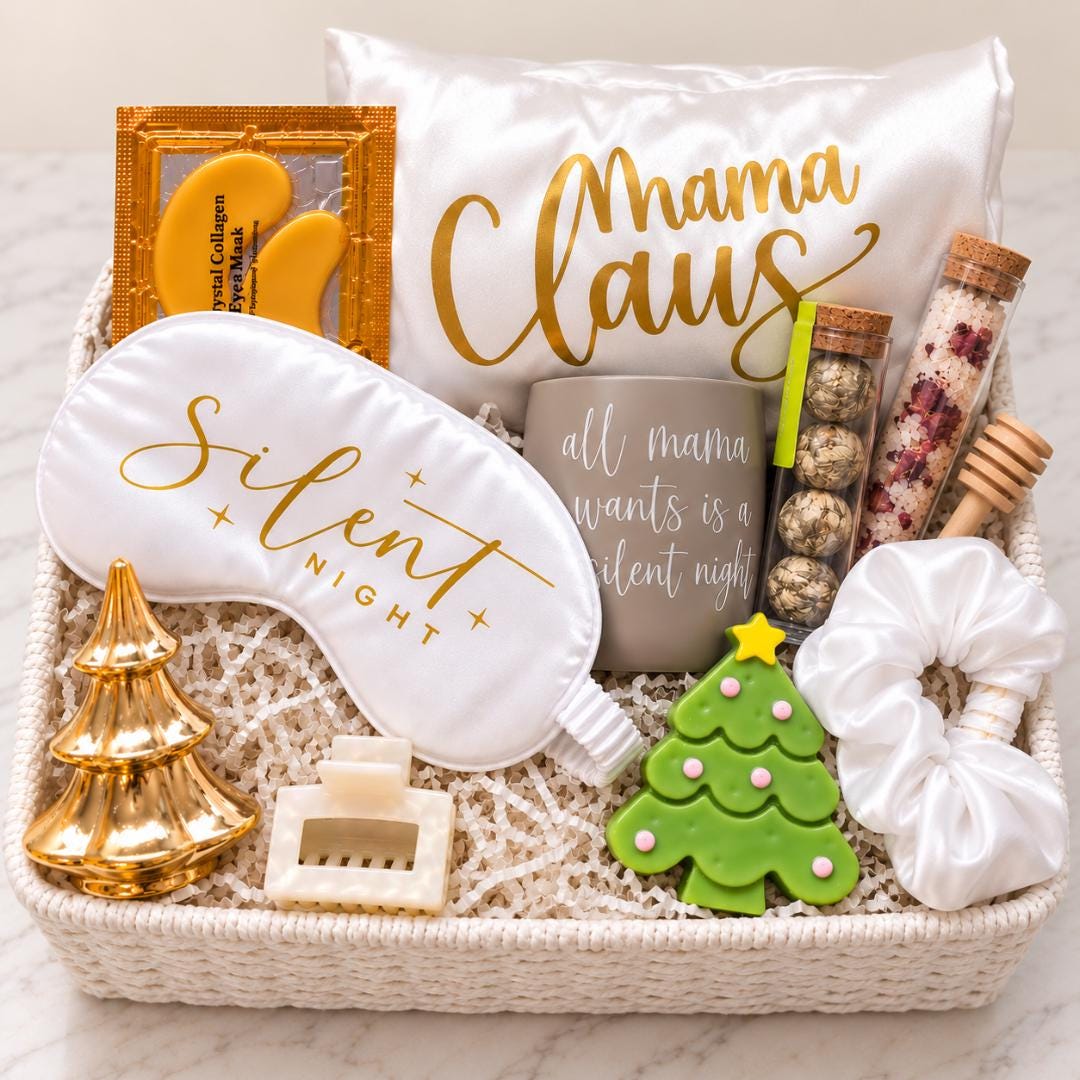 Mama Claus Self Care Gift Box Christmas Gift for Mom Holiday Spa Gift Silk Robe Relaxation Set Stocking Gift for Wife Women