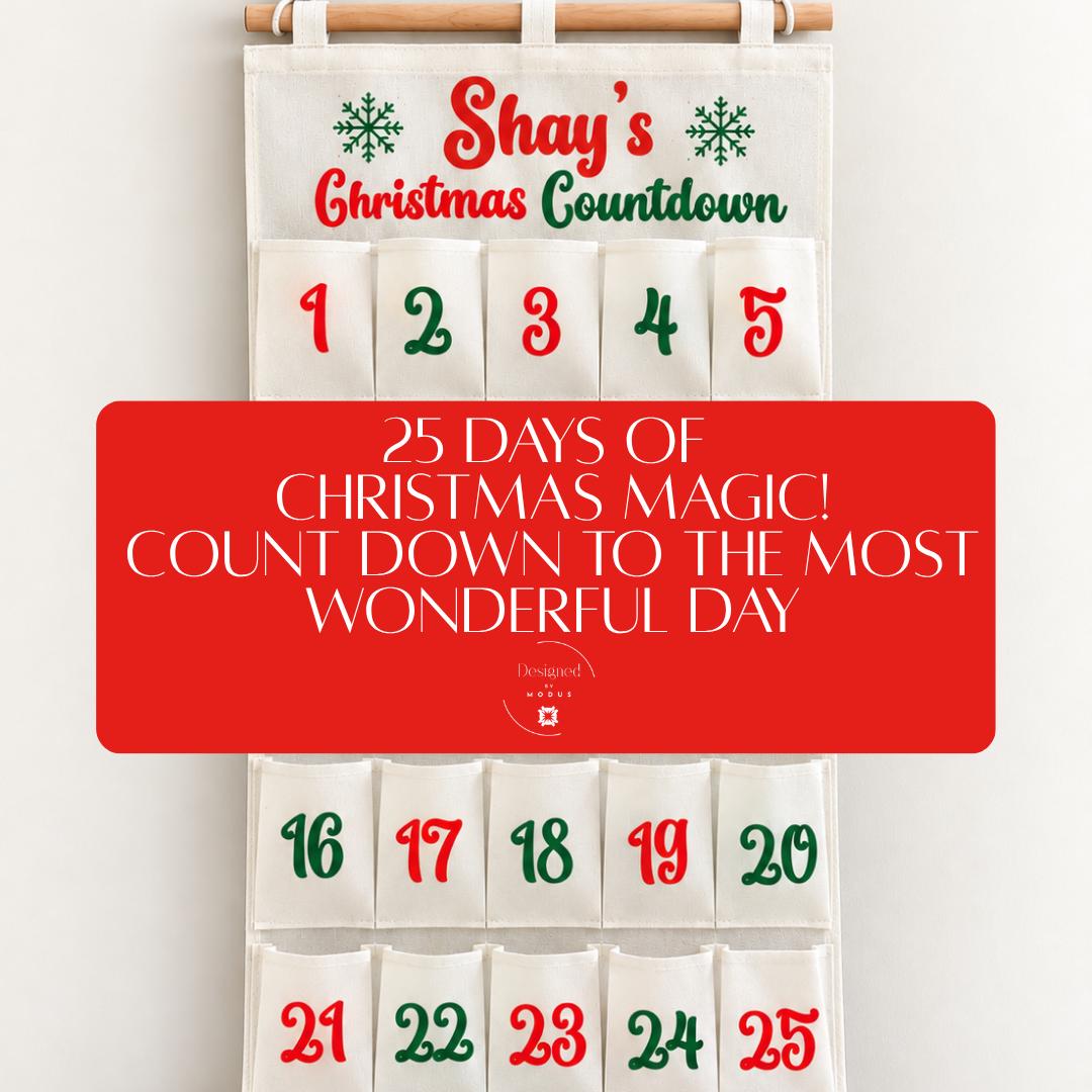 Custom Christmas advent calendar featuring five font styles and two holiday color combinations, traditional red and green or playful pink and red. Personalized child's name printed above Christmas Countdown with 25 numbered fabric pockets. Includes 24 miniature squishy toys for daily holiday surprises. Kids Christmas gift for ages 5 and up, personalized advent calendar, reusable Christmas countdown, sensory toy gift and holiday bedroom decoration.
