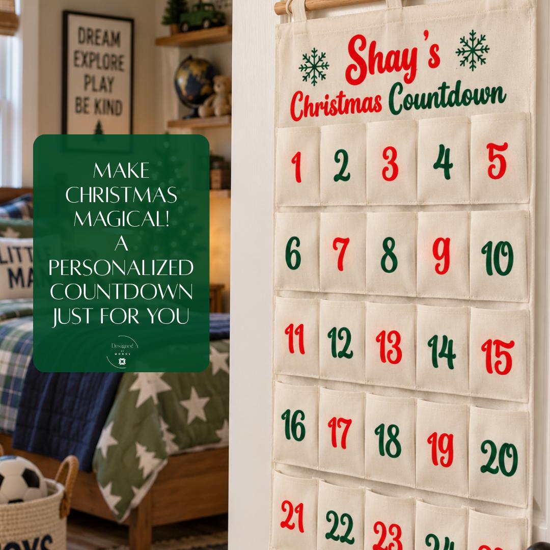 Christmas advent calendar gift set featuring 24 miniature colorful squishy characters with cheerful faces and festive designs, paired with a personalized 25 pocket hanging fabric Christmas calendar. Custom child's name, five font styles and red green or pink red color choices. Fun kids Christmas countdown for ages 5 and older, personalized holiday gift, reusable advent calendar, sensory play toy set and festive Christmas bedroom decoration.