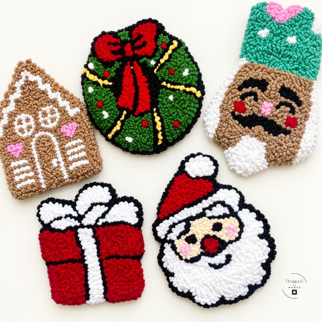 Christmas mug rug collection featuring colorful Santa, gingerbread house, holiday wreath and wrapped Christmas present designs. Festive textured drink coasters for holiday coffee, tea and hot cocoa. Cute Christmas stocking stuffer, teacher gift, coworker present, Secret Santa gift, hostess gift and small holiday gift for women, friends and family.