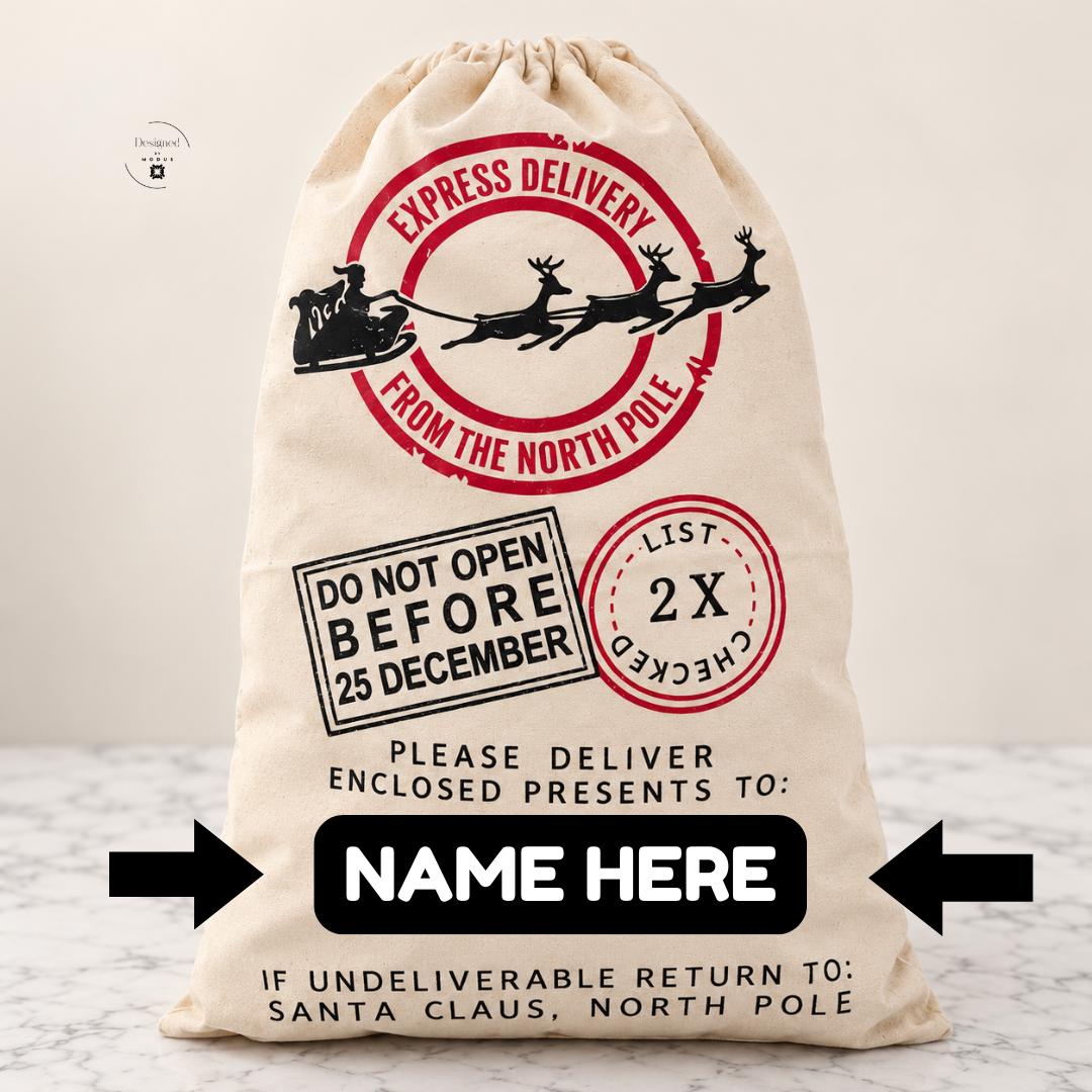 Personalized oversized Christmas gift sack featuring festive North Pole Express delivery graphics, Santa approved checklist, Christmas postal stamps and red and white holiday details. Extra large drawstring Santa bag for kids Christmas gifts, holiday presents, Christmas Eve surprises, personalized Christmas gift packaging, reusable Santa sacks and festive Christmas morning traditions.