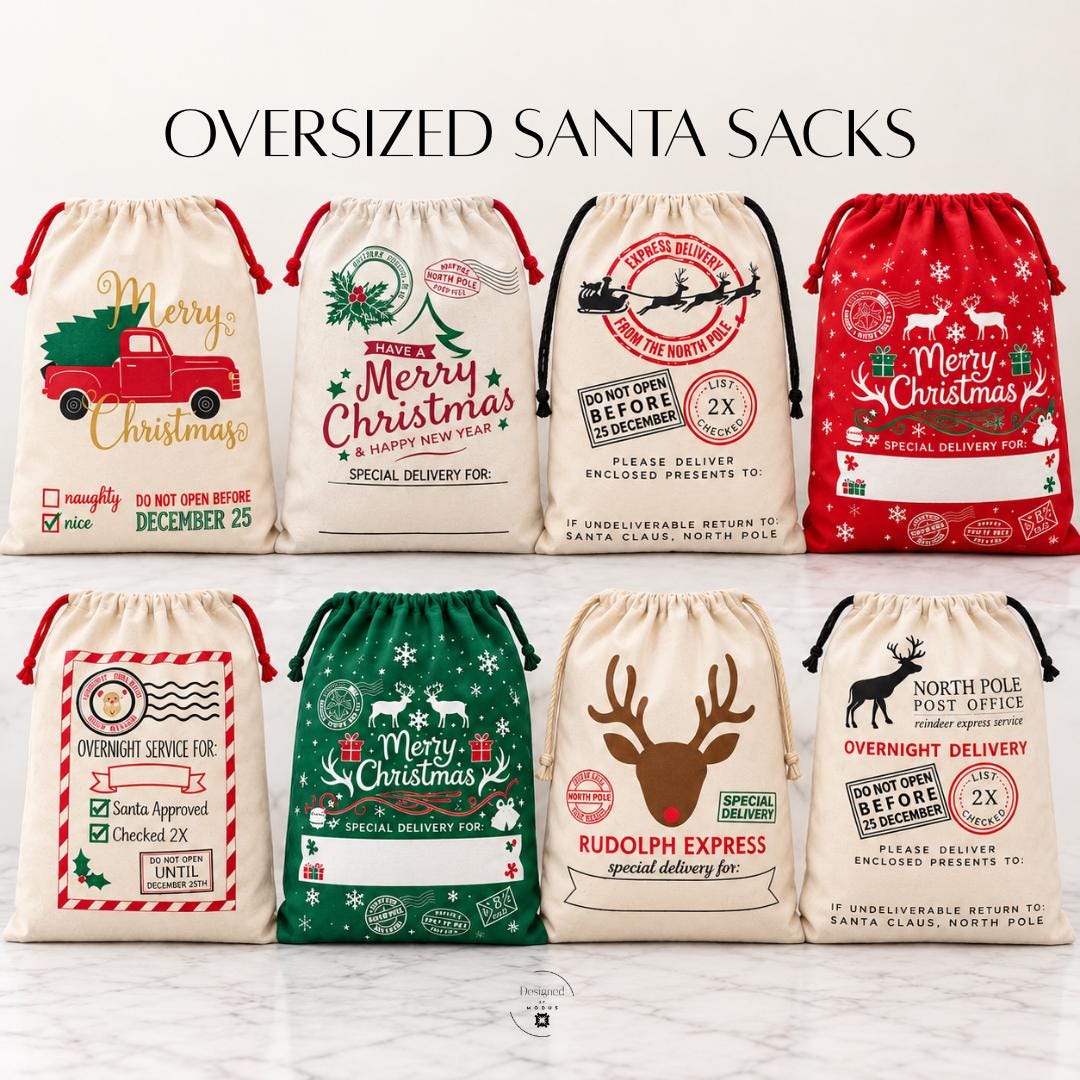 Personalized extra large Christmas Santa sack measuring approximately 19 inches wide by 27 inches tall, featuring festive North Pole delivery designs and drawstring closure. Oversized Christmas gift bag for kids holiday presents, Christmas Eve surprises, Santa gifts, large Christmas toys, personalized Christmas packaging and reusable holiday gift bags. Choose from eight festive designs with custom name personalization.