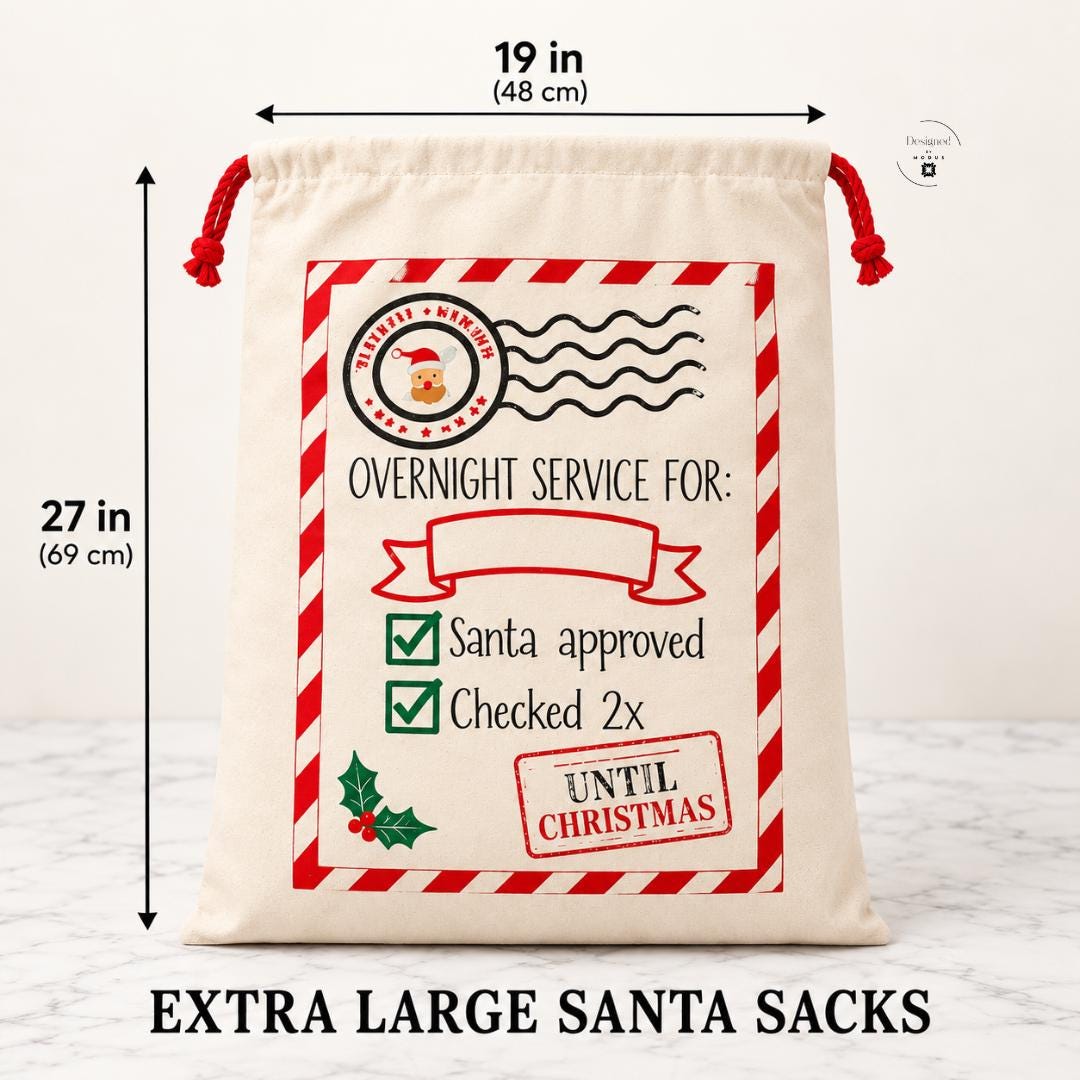 Extra large Christmas Santa sack featuring a vintage red Christmas truck carrying a holiday tree, Merry Christmas lettering and festive naughty or nice details. Natural drawstring Christmas gift bag measuring approximately 19 by 27 inches. Personalized Santa sack for kids Christmas presents, Christmas Eve surprises, oversized holiday gifts, reusable Christmas packaging and festive family Christmas traditions.