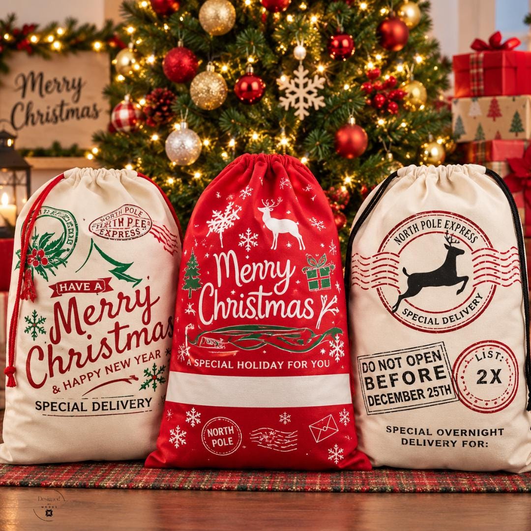 Collection of eight extra large Christmas Santa sacks featuring festive designs including vintage Christmas truck, Merry Christmas lettering, reindeer express delivery, North Pole post office, Santa approved checklist and Rudolph Express graphics. Oversized drawstring Christmas gift bags in natural, red and green colors. Personalized Christmas present bags for kids, holiday gift packaging, Christmas morning surprises and reusable Santa gift sacks.
