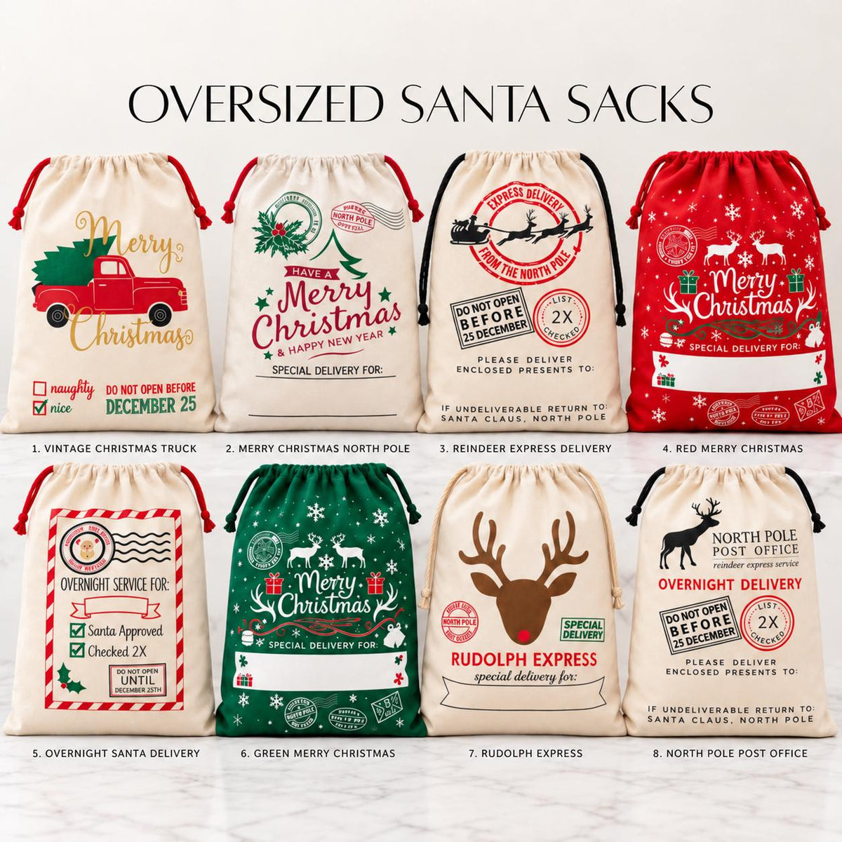 Extra large red and green Christmas Santa sacks featuring white reindeer, festive snowflakes, Merry Christmas lettering and North Pole special delivery graphics. Oversized drawstring holiday gift bags for Christmas presents, Santa gifts, kids holiday surprises, Christmas Eve traditions, reusable gift packaging and personalized Christmas gift sacks. Festive holiday designs with custom name options.