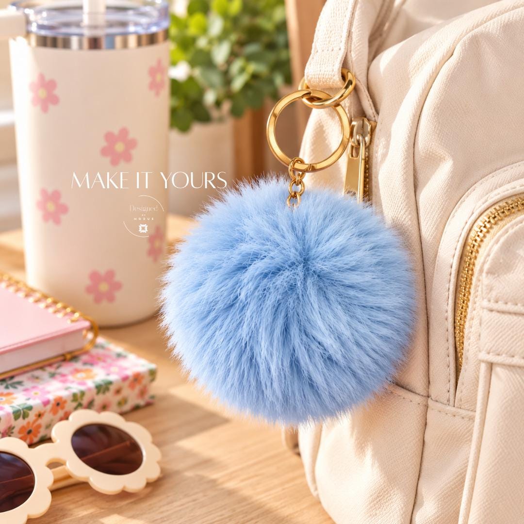 Pastel fluffy pom pom keychain accessories featuring soft pink, lavender, mint green, light blue and white pom pom colors with gold-tone key rings. Cute backpack charms for school bags, purses, tote bags, handbags and keys. Colorful accessories for teens, birthday gifts, friendship presents, Christmas stocking stuffers and everyday bag decorations.
